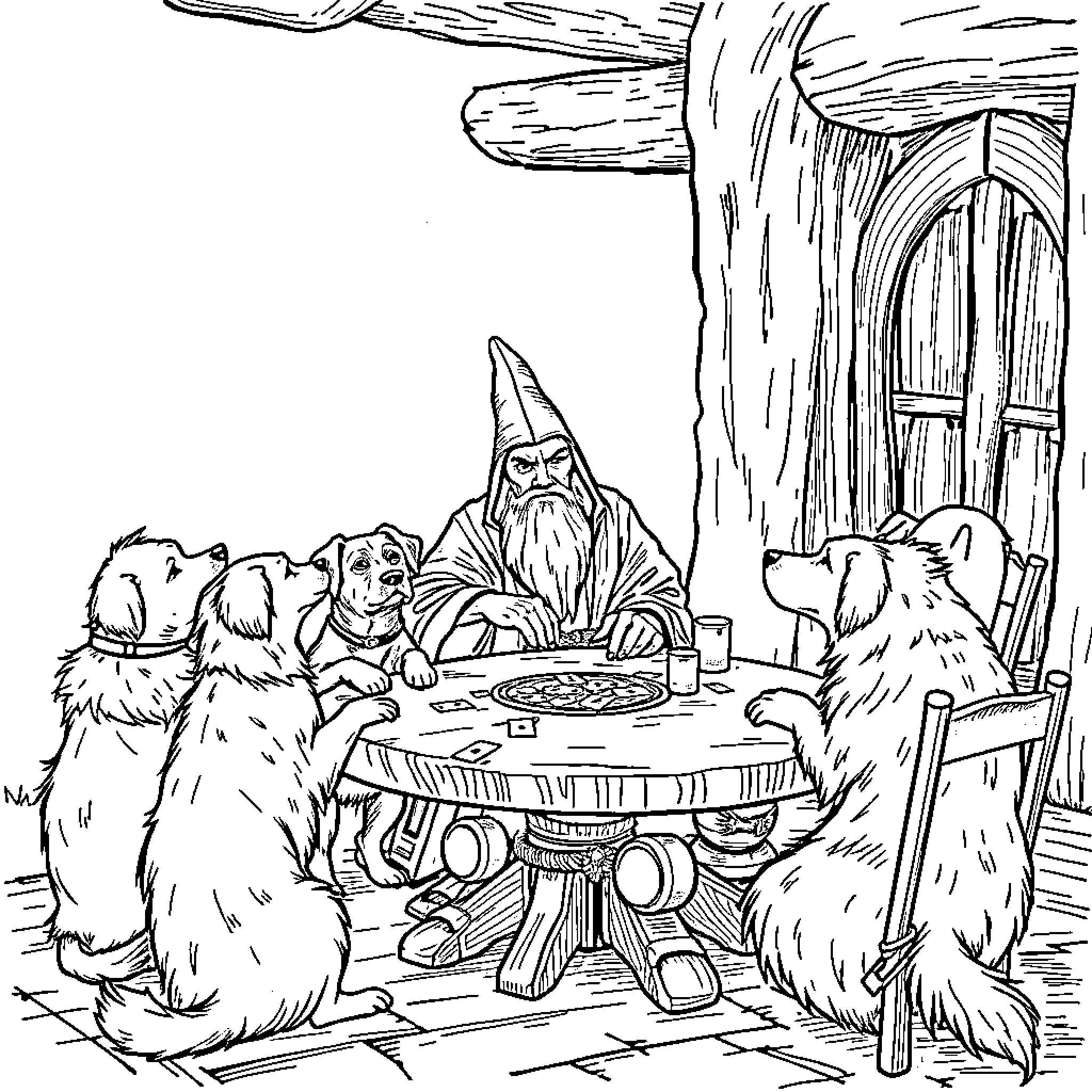 Gandalf entertaining dogs in cozy cottage Coloring Page (free black-and-white line drawing printable PDF for all, from beginners to advanced learners, including children, teens, adults, and seniors)
