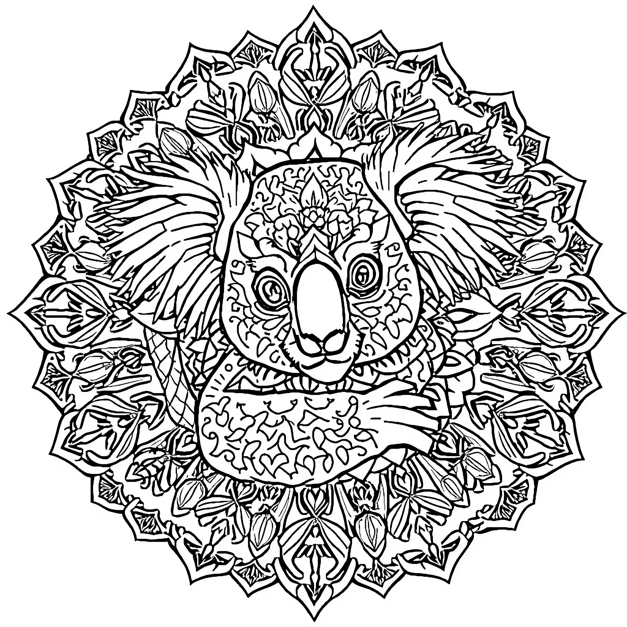 Koala adorned in ornate floral mandala pattern Coloring Page (free black-and-white line drawing printable PDF for all, from beginners to advanced learners, including children, teens, adults, and seniors)