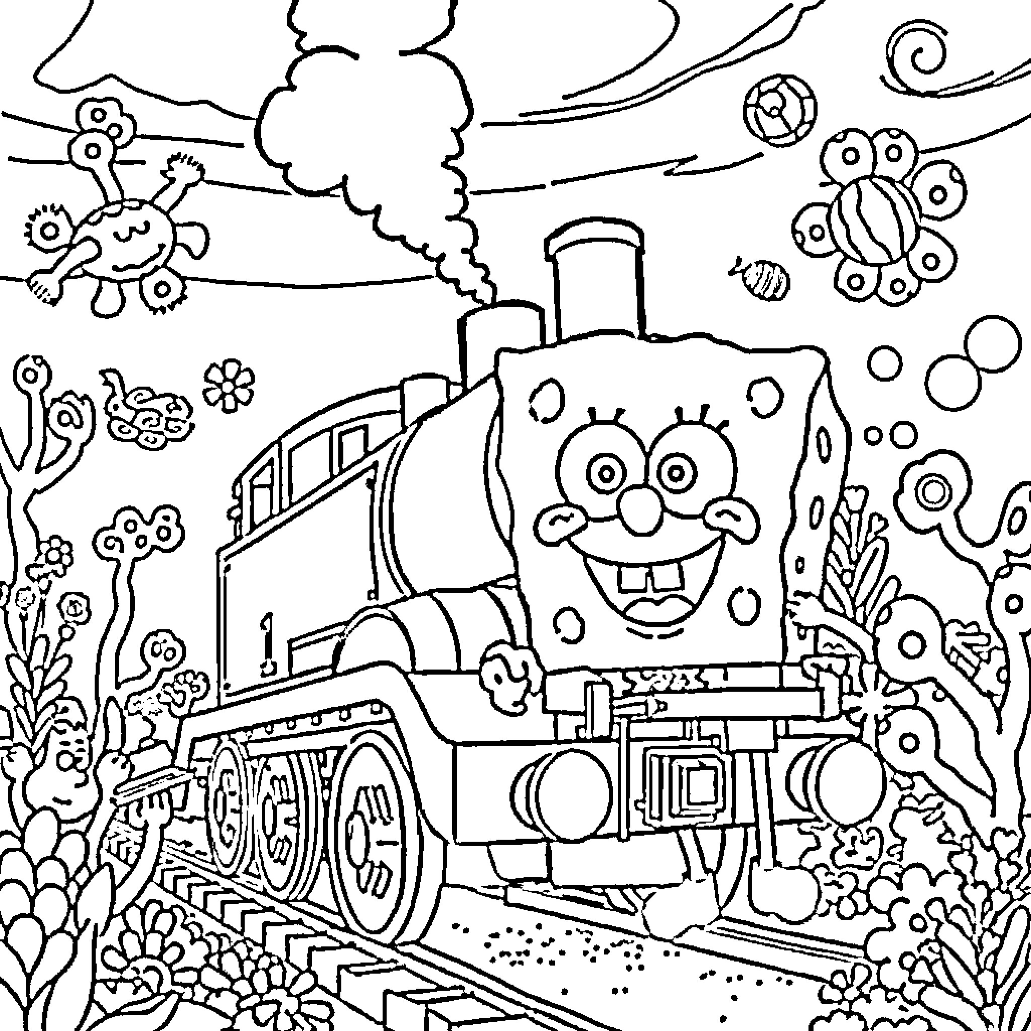 Thomas the Smiling Train Engine Chugging Through Whimsical Scenery Coloring Page (free black-and-white line drawing printable PDF for all, from beginners to advanced learners, including children, teens, adults, and seniors)