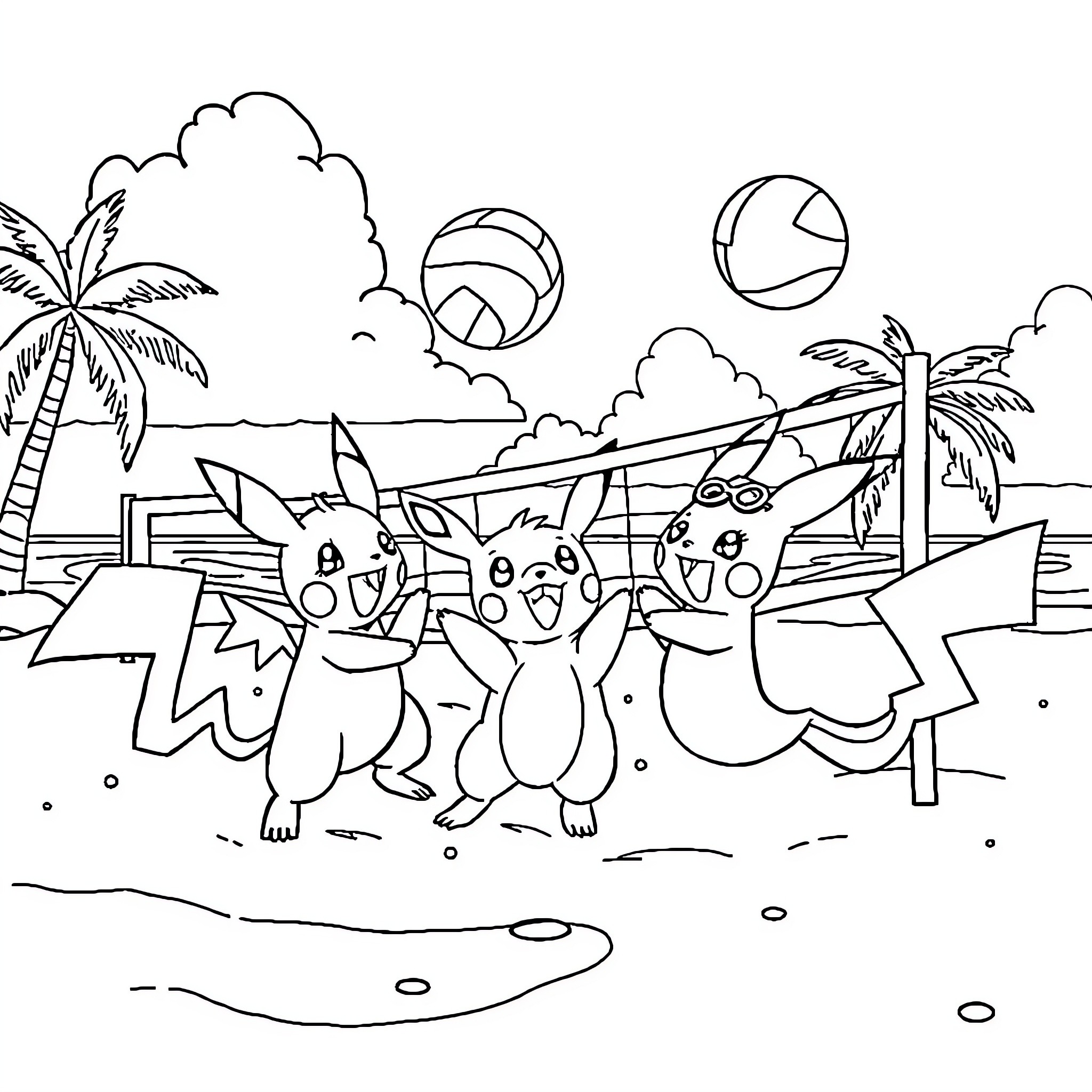 Pokémon enjoying a beach party Coloring Page (free black-and-white line drawing printable PDF for all, from beginners to advanced learners, including children, teens, adults, and seniors)