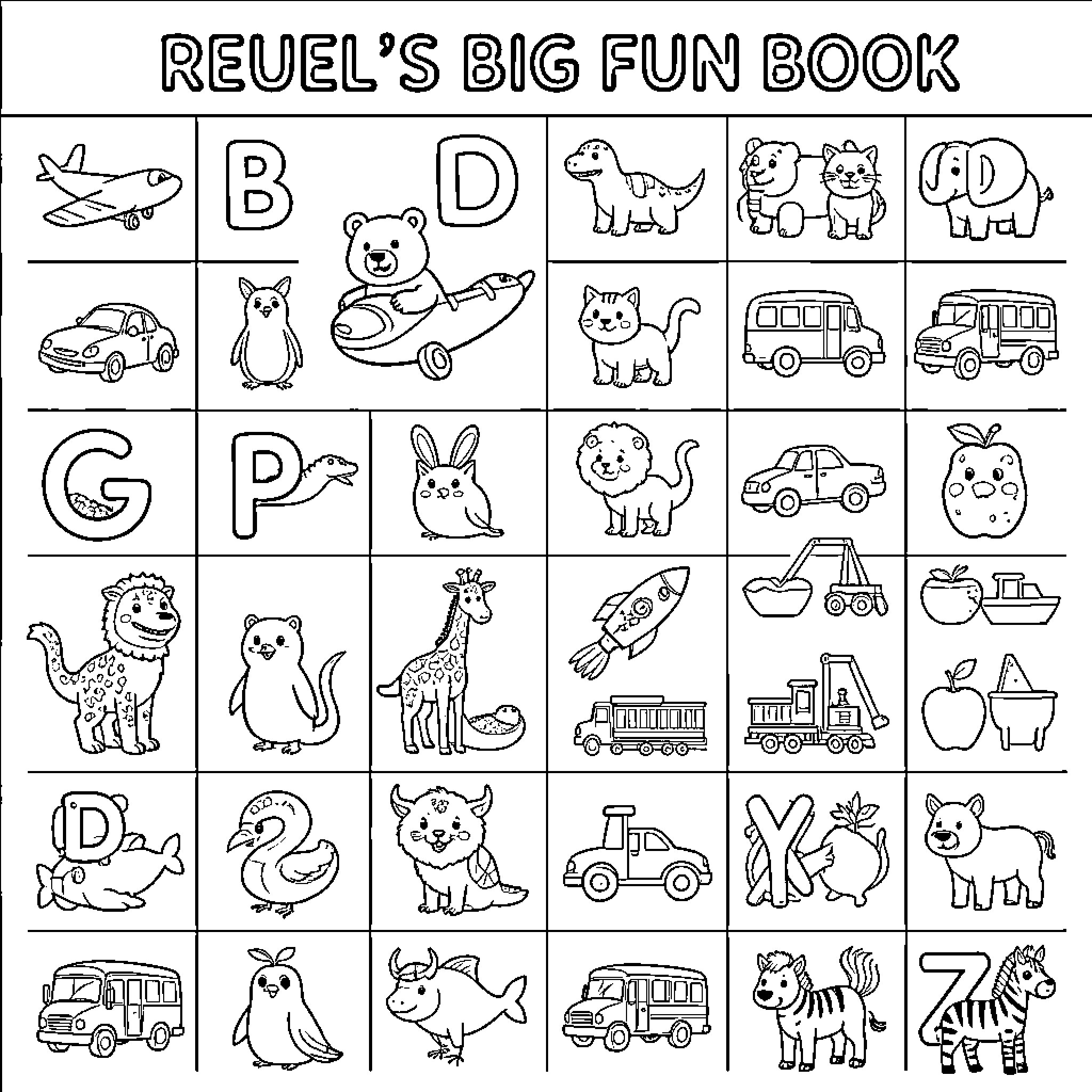 Reuel presenting various animals and vehicles in a grid Coloring Page (free black-and-white line drawing printable PDF for all, from beginners to advanced learners, including children, teens, adults, and seniors)