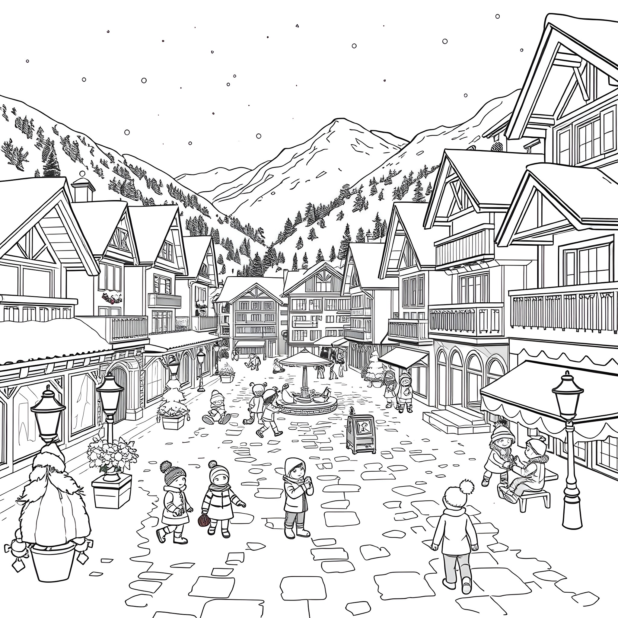 Plaza with people enjoying winter activities in the mountains Coloring Page (free black-and-white line drawing printable PDF for all, from beginners to advanced learners, including children, teens, adults, and seniors)