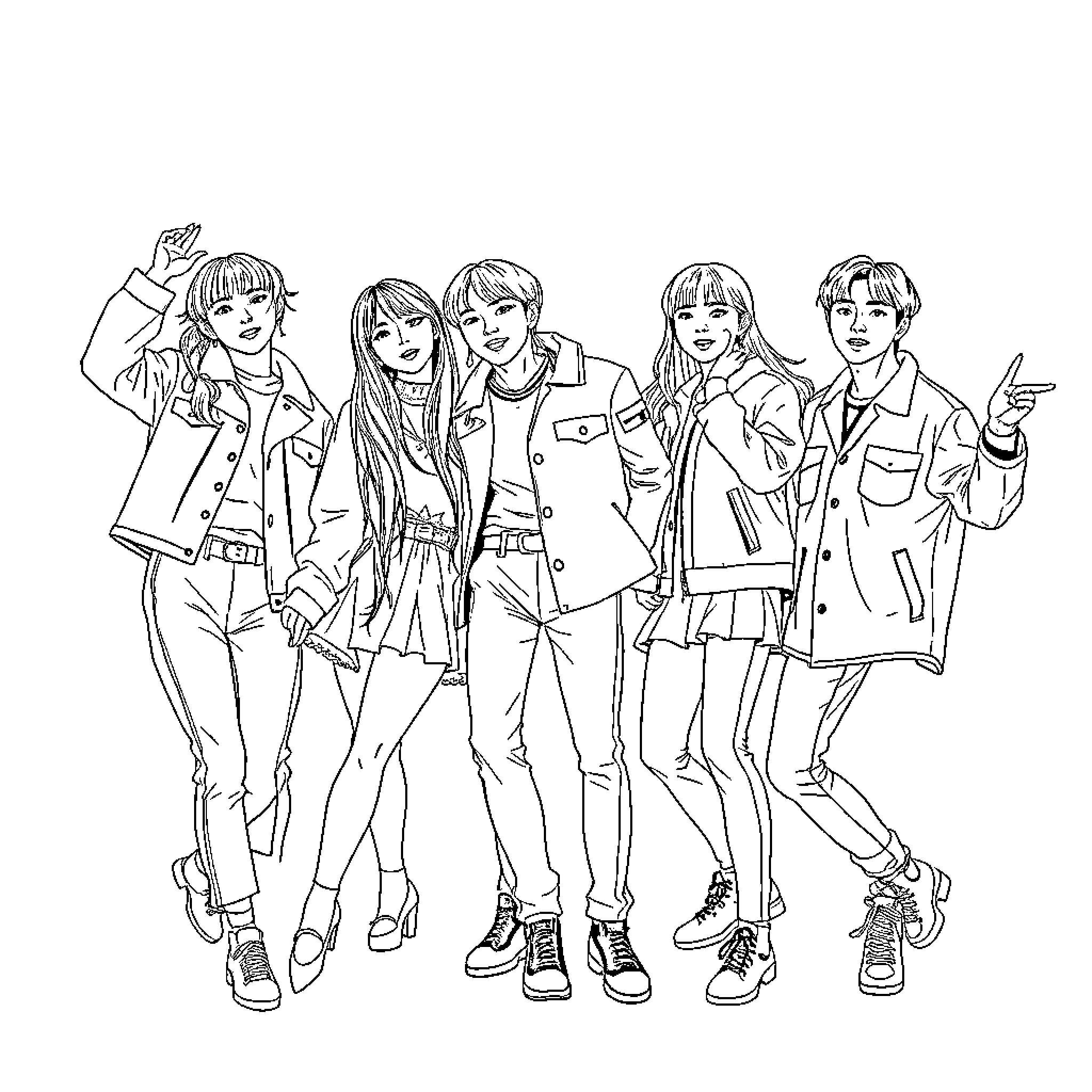 K Pop Group Performing with Energetic Expressions Coloring Page (free black-and-white line drawing printable PDF for all, from beginners to advanced learners, including children, teens, adults, and seniors)