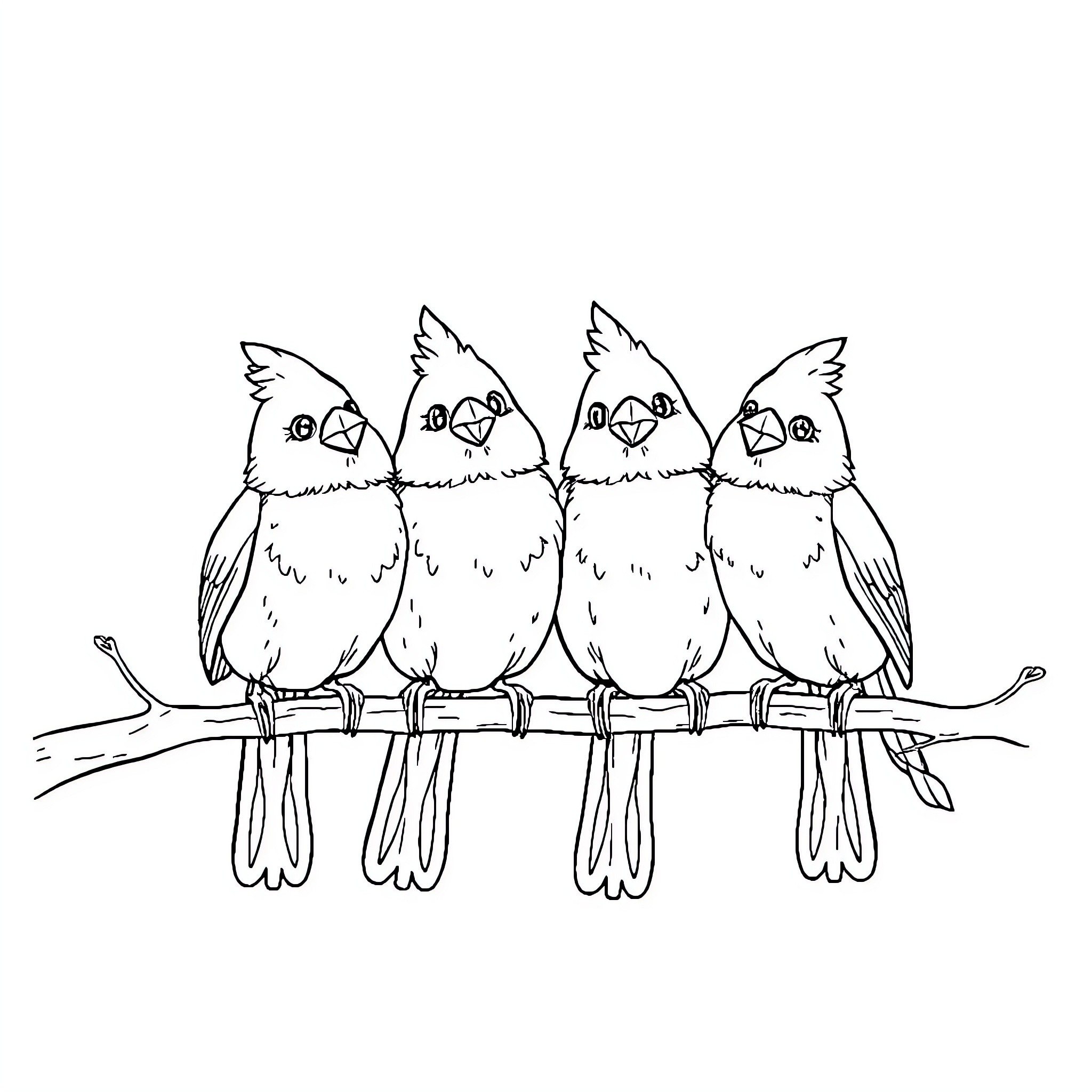Cardinal birds perched together on a branch Coloring Page (free black-and-white line drawing printable PDF for all, from beginners to advanced learners, including children, teens, adults, and seniors)