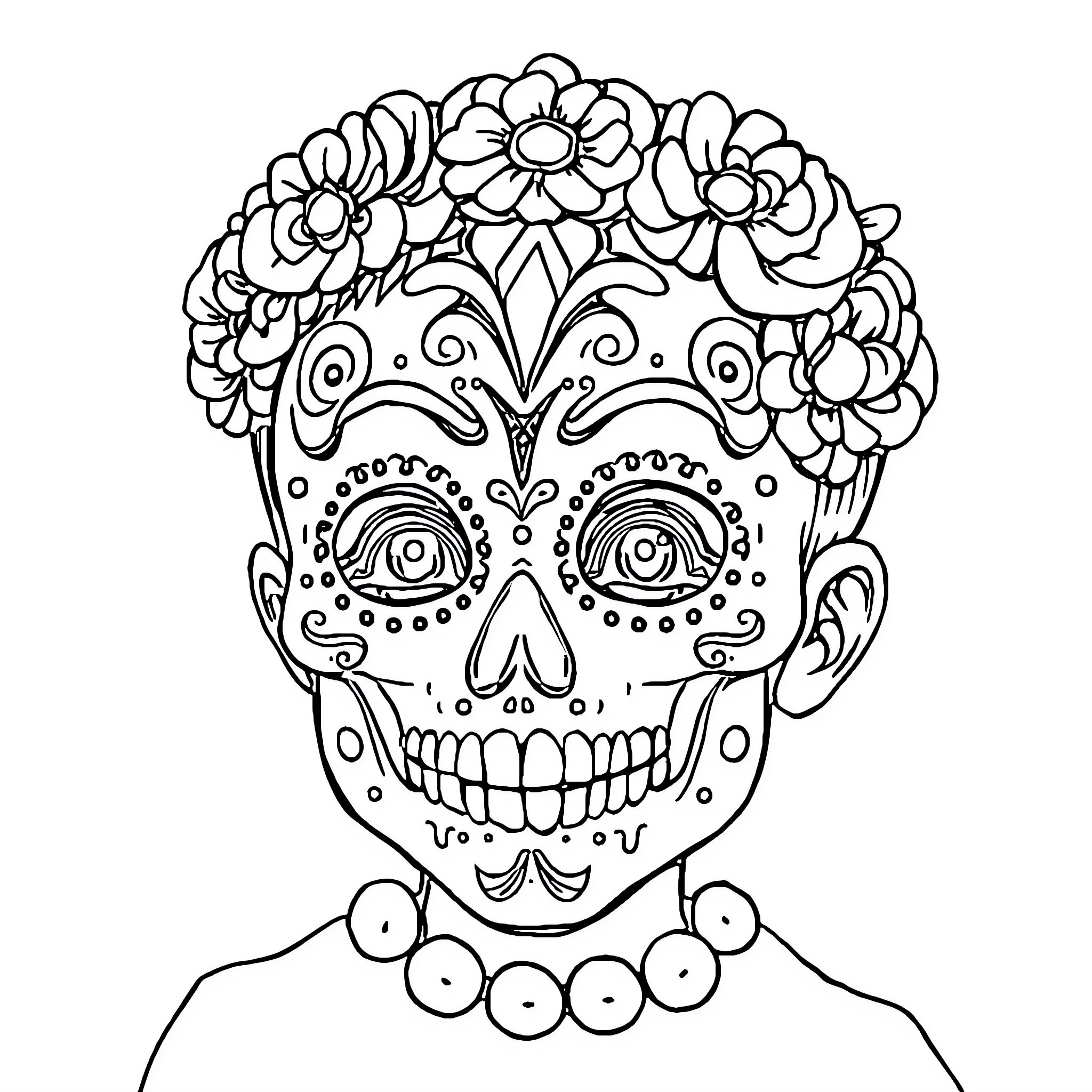Calavera with Floral Headpiece and Ornate Face Coloring Page (free black-and-white line drawing printable PDF for all, from beginners to advanced learners, including children, teens, adults, and seniors)