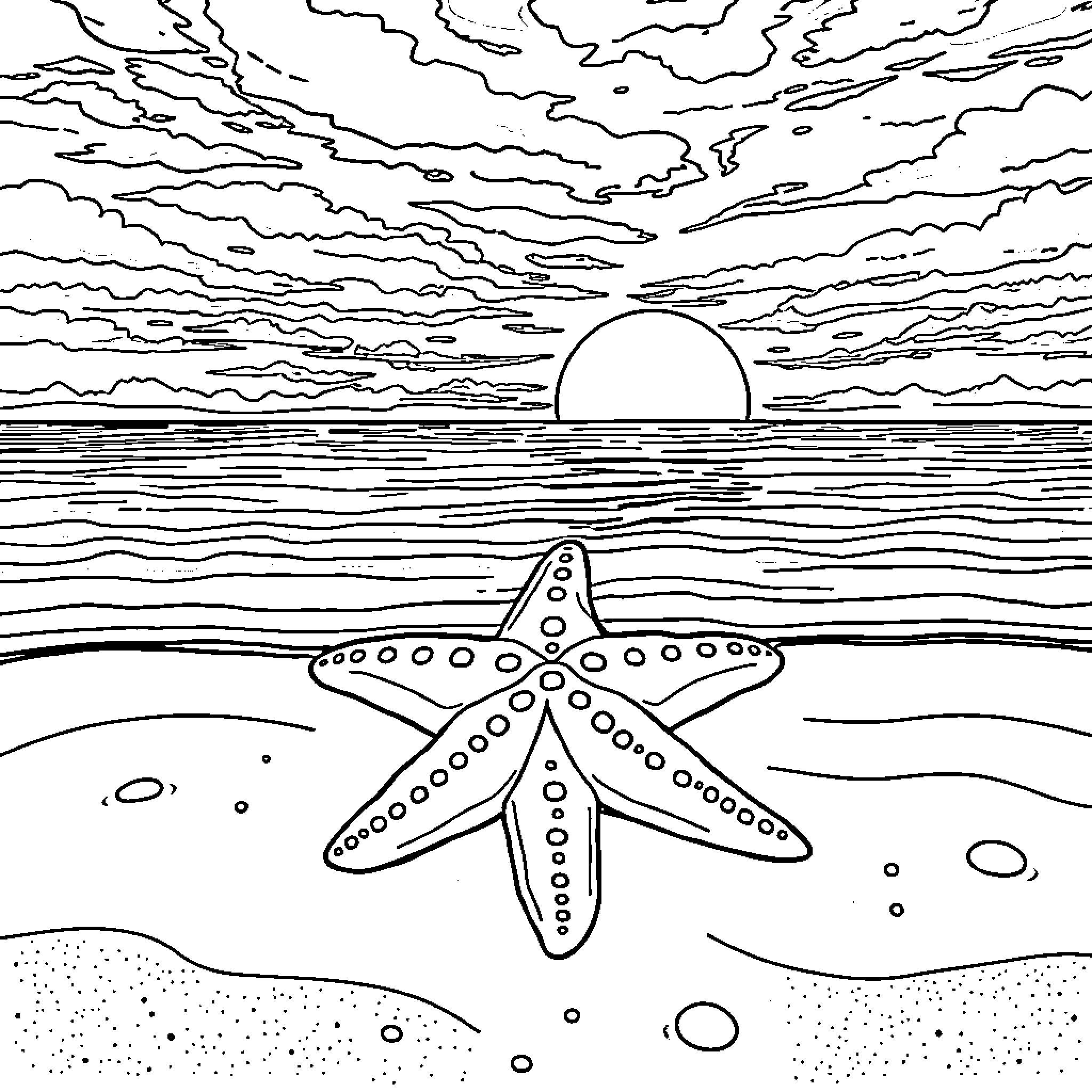Sea Star Gazes at the Setting Sun Coloring Page (free black-and-white line drawing printable PDF for all, from beginners to advanced learners, including children, teens, adults, and seniors)