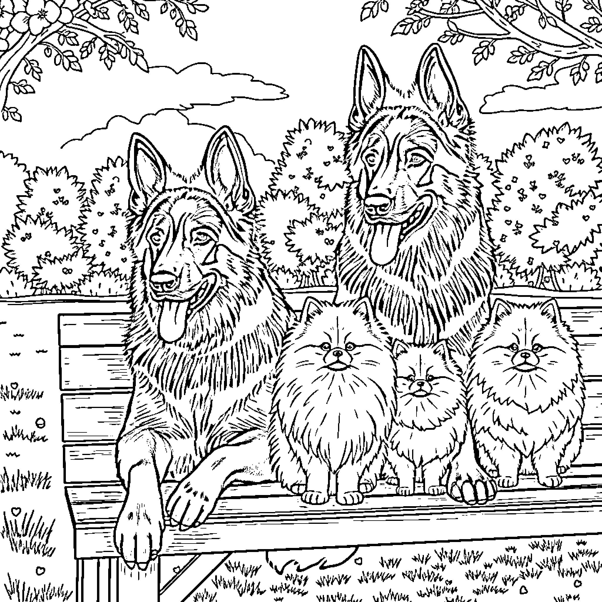 Dog family relaxing on porch in nature Coloring Page (free black-and-white line drawing printable PDF for all, from beginners to advanced learners, including children, teens, adults, and seniors)