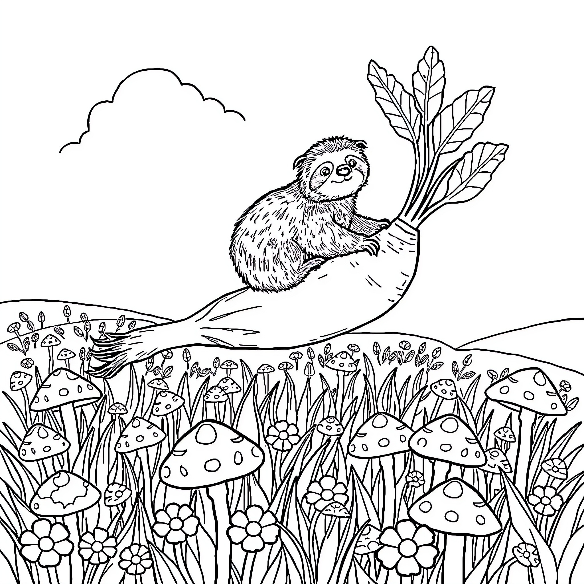 Sloth resting peacefully among mushrooms and flowers Coloring Page (free black-and-white line drawing printable PDF for all, from beginners to advanced learners, including children, teens, adults, and seniors)