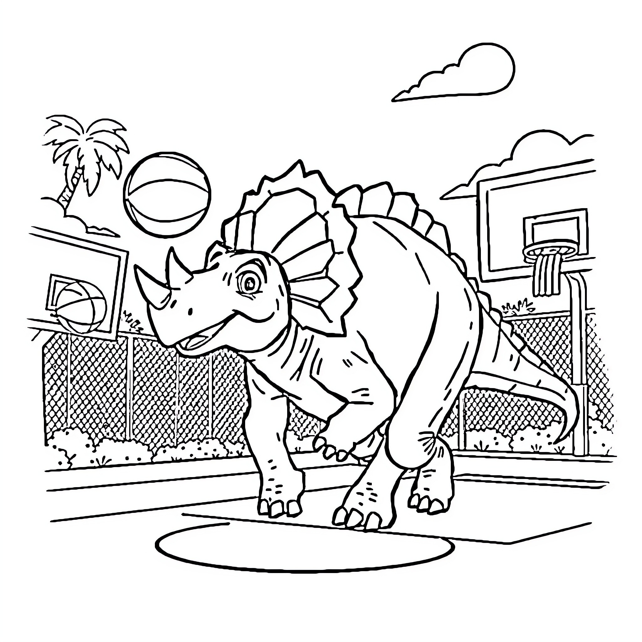 Triceratops roaming in a tropical setting Coloring Page (free black-and-white line drawing printable PDF for all, from beginners to advanced learners, including children, teens, adults, and seniors)