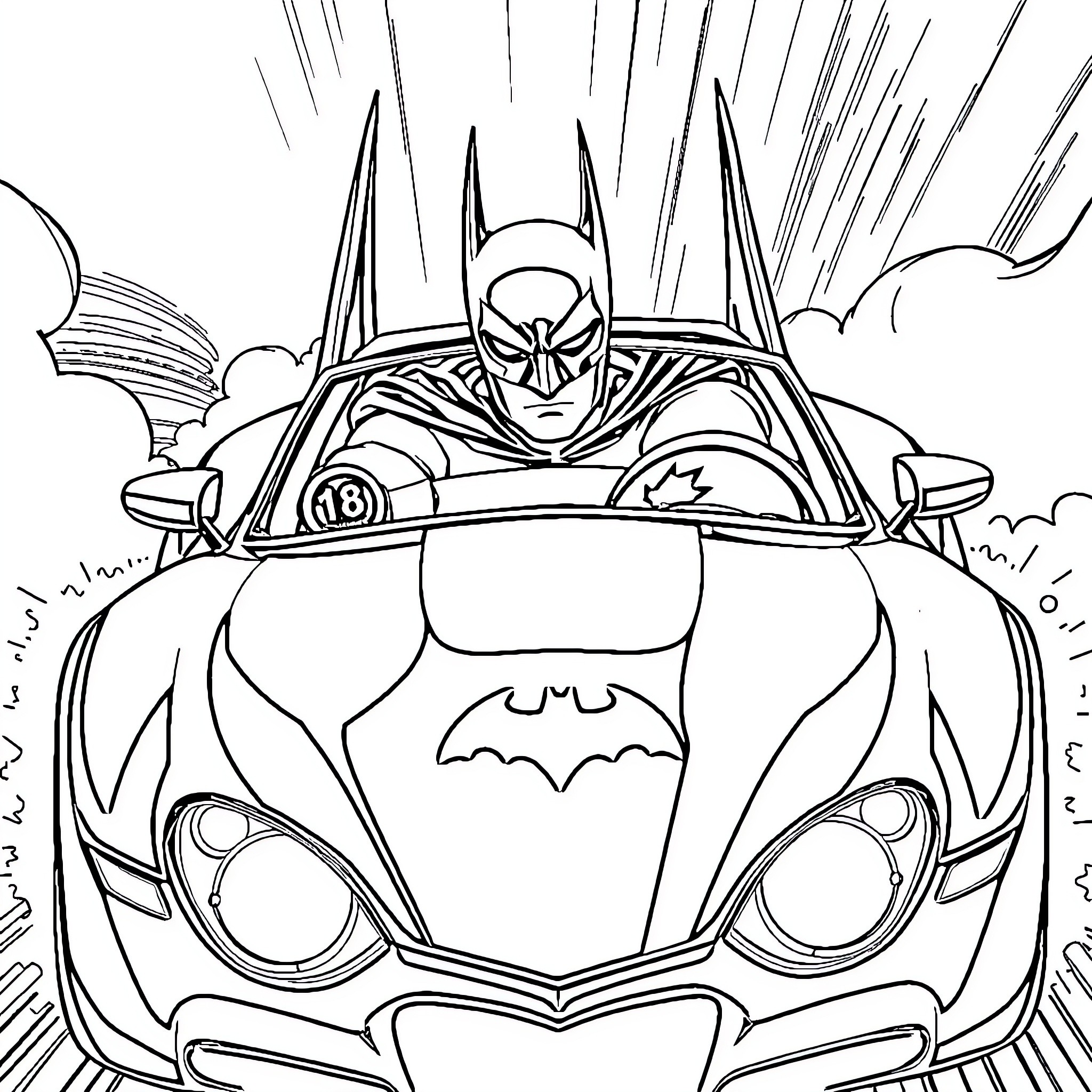 Batman Car driving fast through explosive scene Coloring Page (free black-and-white line drawing printable PDF for all, from beginners to advanced learners, including children, teens, adults, and seniors)