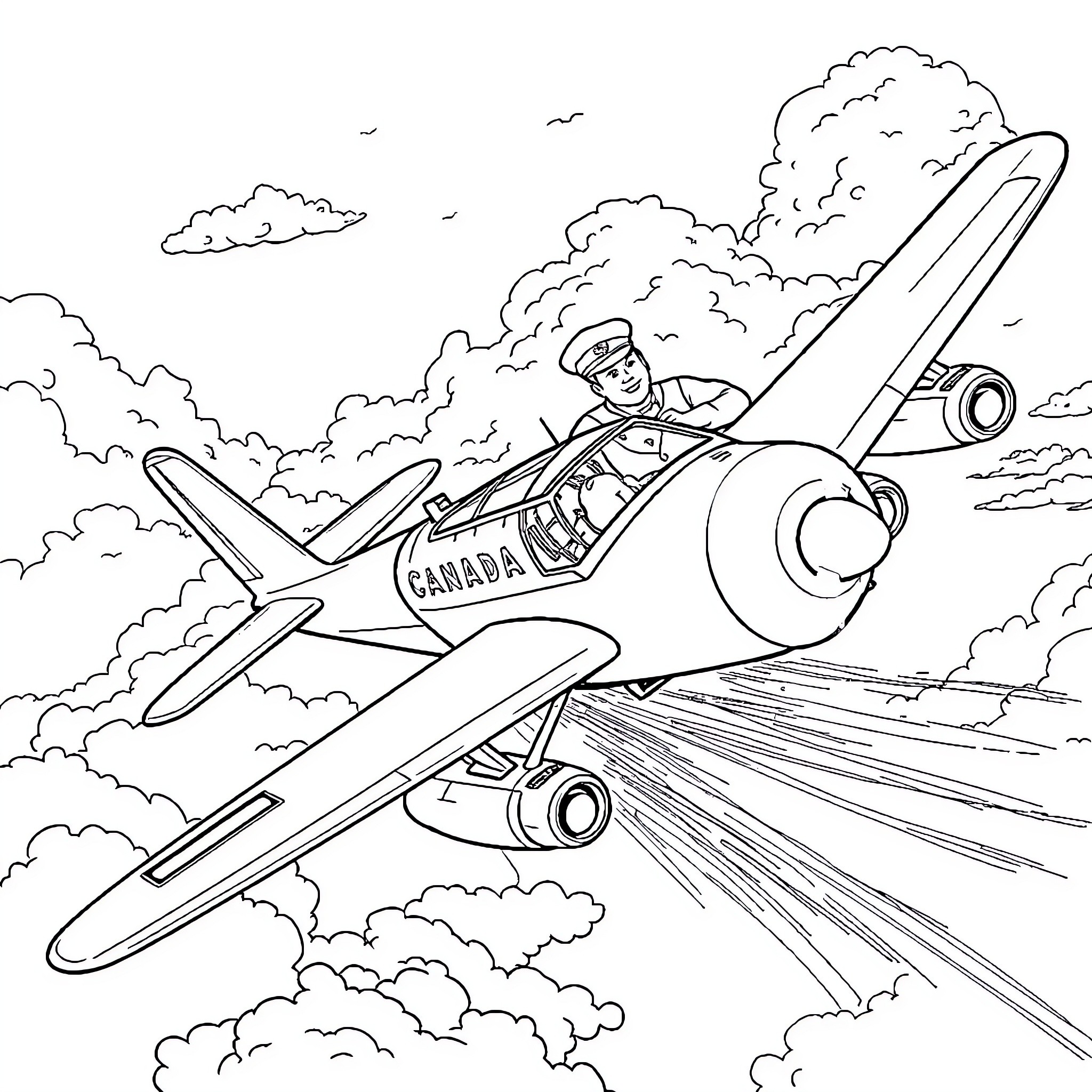 Captain Canada soaring through the skies in his aircraft Coloring Page (free black-and-white line drawing printable PDF for all, from beginners to advanced learners, including children, teens, adults, and seniors)
