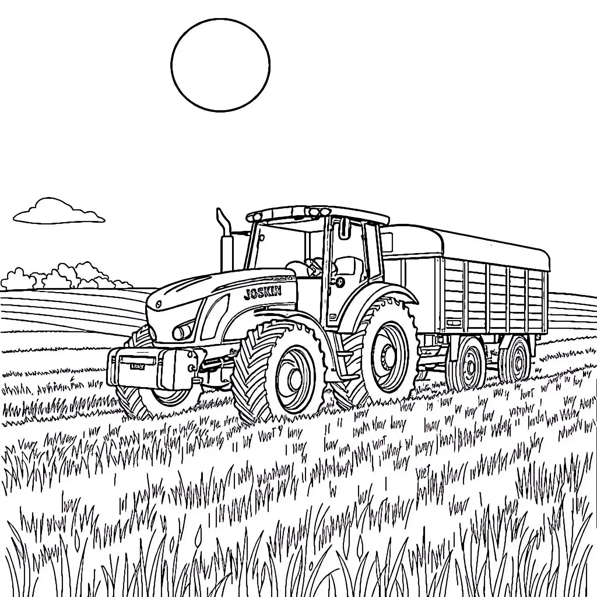 Tractor transporting crops through the countryside Coloring Page (free black-and-white line drawing printable PDF for all, from beginners to advanced learners, including children, teens, adults, and seniors)