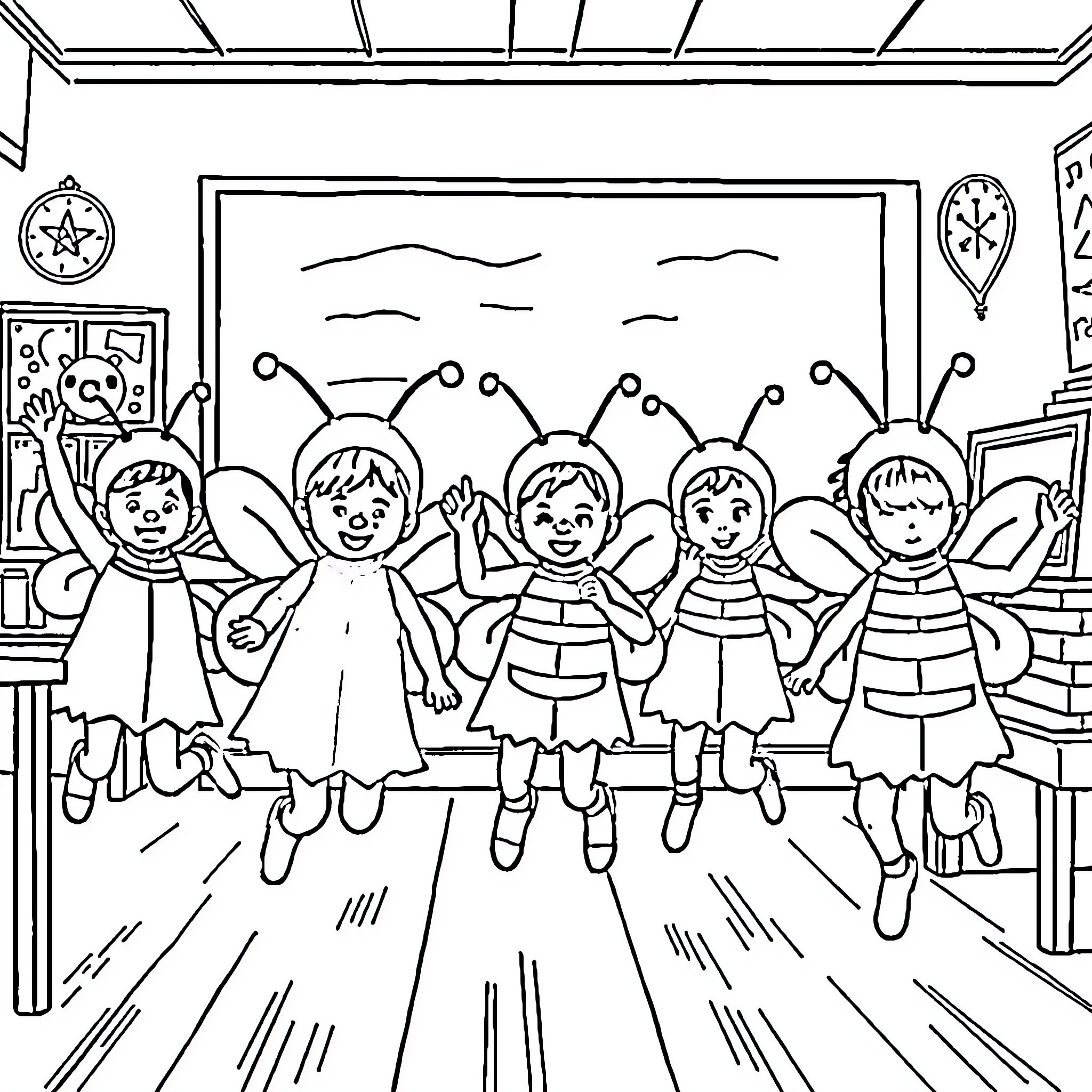 Cricket team in costume celebrating victory Coloring Page (free black-and-white line drawing printable PDF for all, from beginners to advanced learners, including children, teens, adults, and seniors)