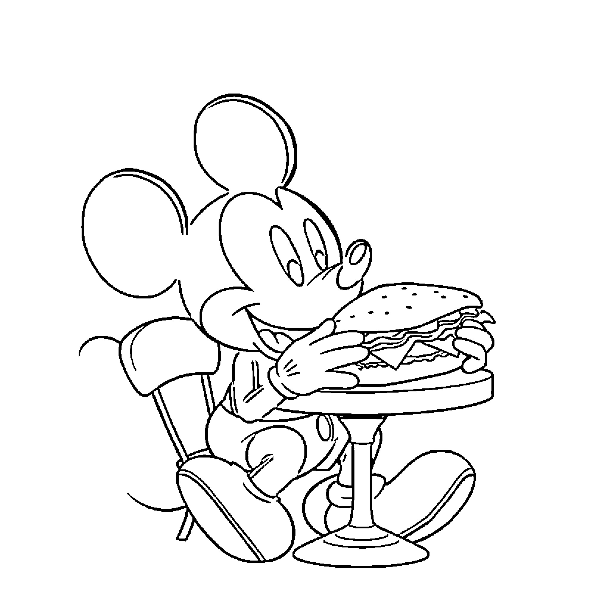 Mickey Mouse enjoying a tasty burger Coloring Page (free black-and-white line drawing printable PDF for all, from beginners to advanced learners, including children, teens, adults, and seniors)
