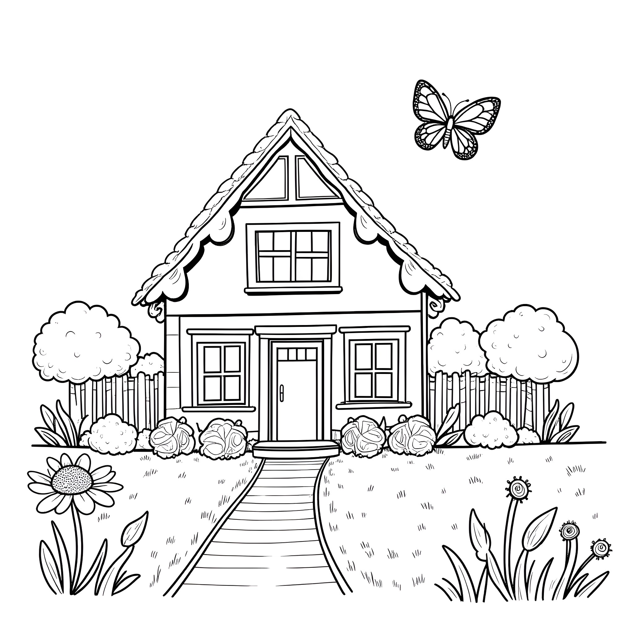 House with Flowers and Butterfly in Garden Coloring Page (free black-and-white line drawing printable PDF for all, from beginners to advanced learners, including children, teens, adults, and seniors)
