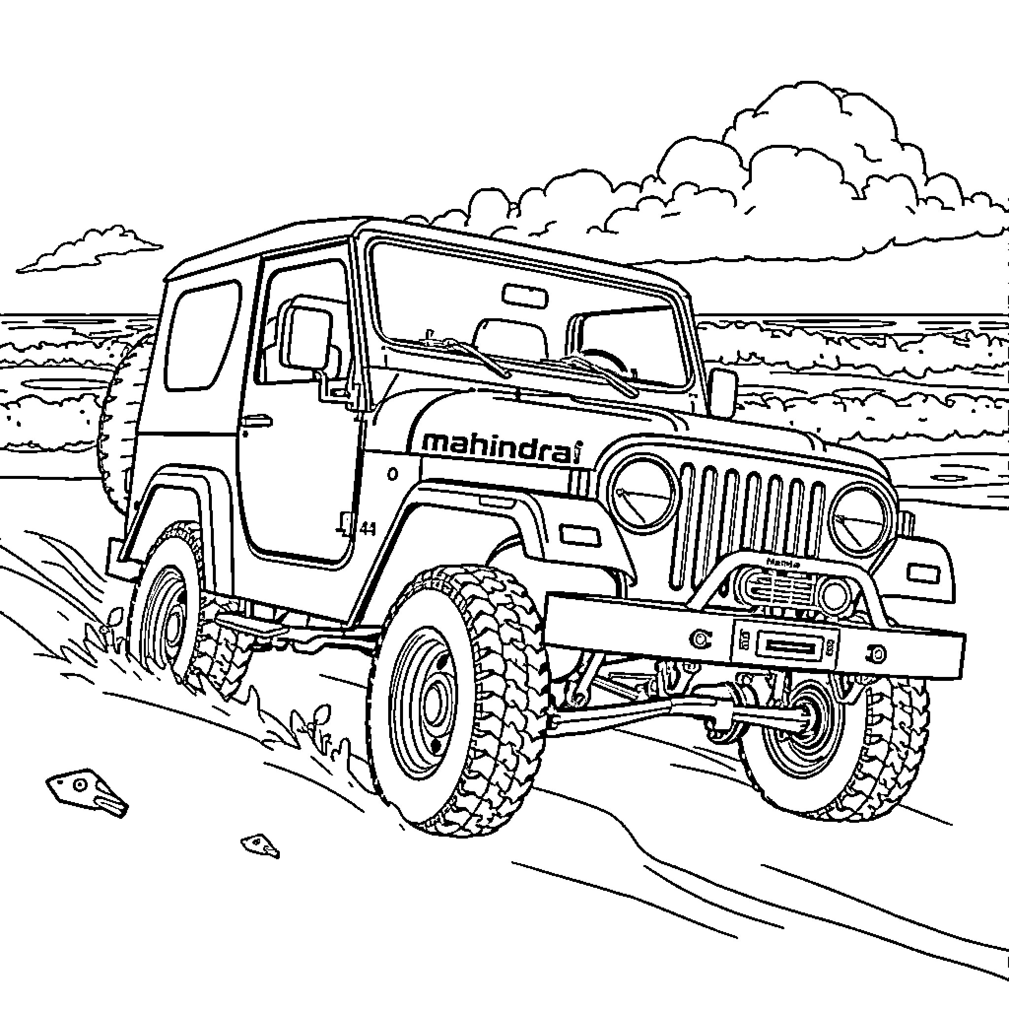 Mahindra off-road vehicle navigating rugged terrain Coloring Page (free black-and-white line drawing printable PDF for all, from beginners to advanced learners, including children, teens, adults, and seniors)