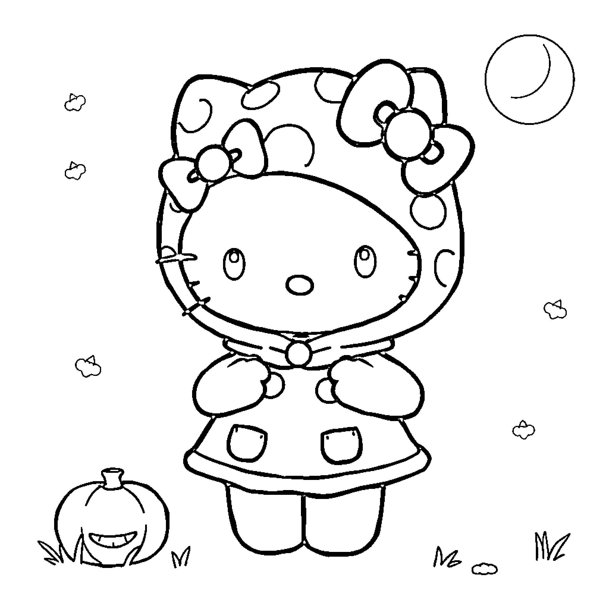 Hello Kitty in a Whimsical Autumn Outfit Coloring Page (free black-and-white line drawing printable PDF for all, from beginners to advanced learners, including children, teens, adults, and seniors)