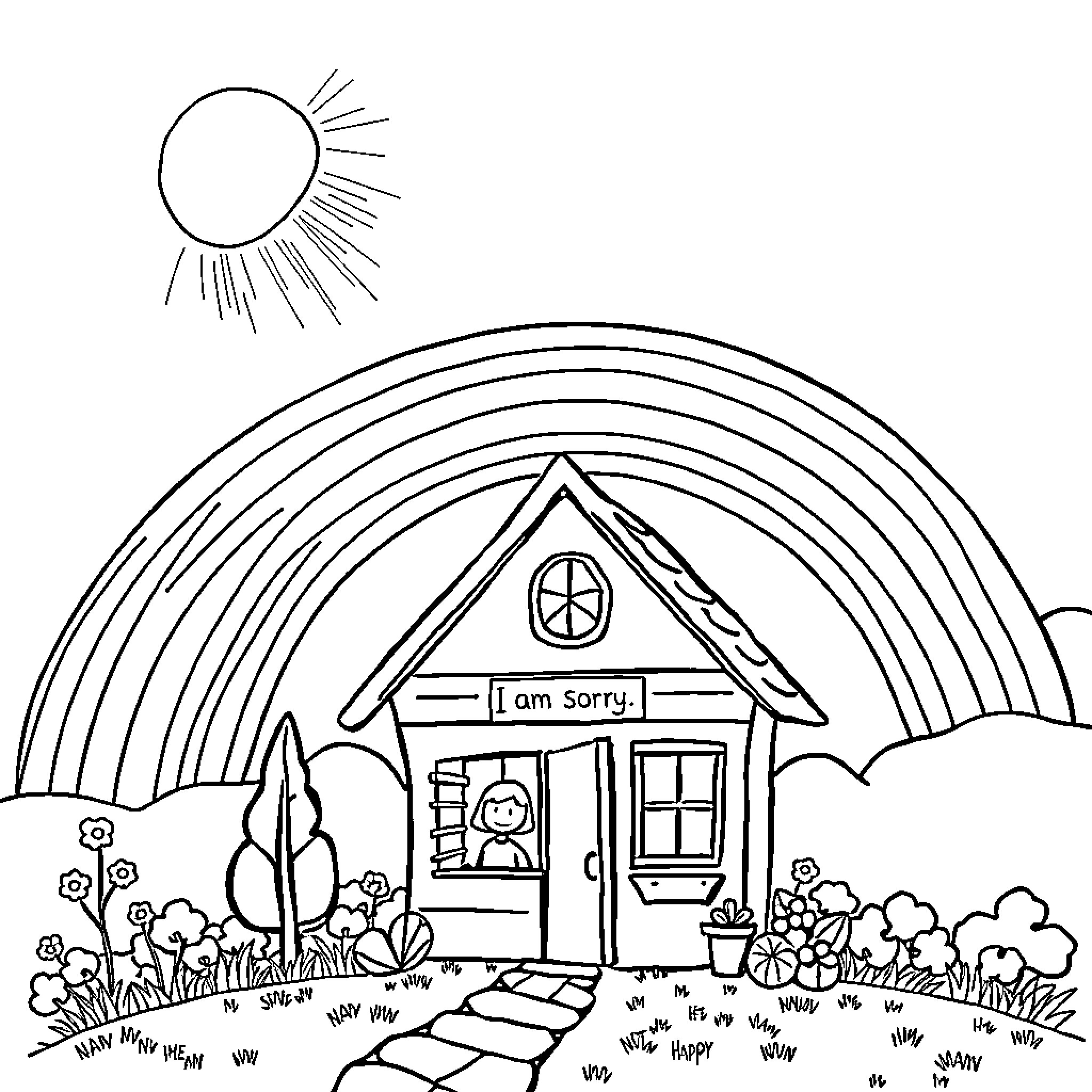 Rainbow Cabin in the Countryside Coloring Page (free black-and-white line drawing printable PDF for all, from beginners to advanced learners, including children, teens, adults, and seniors)