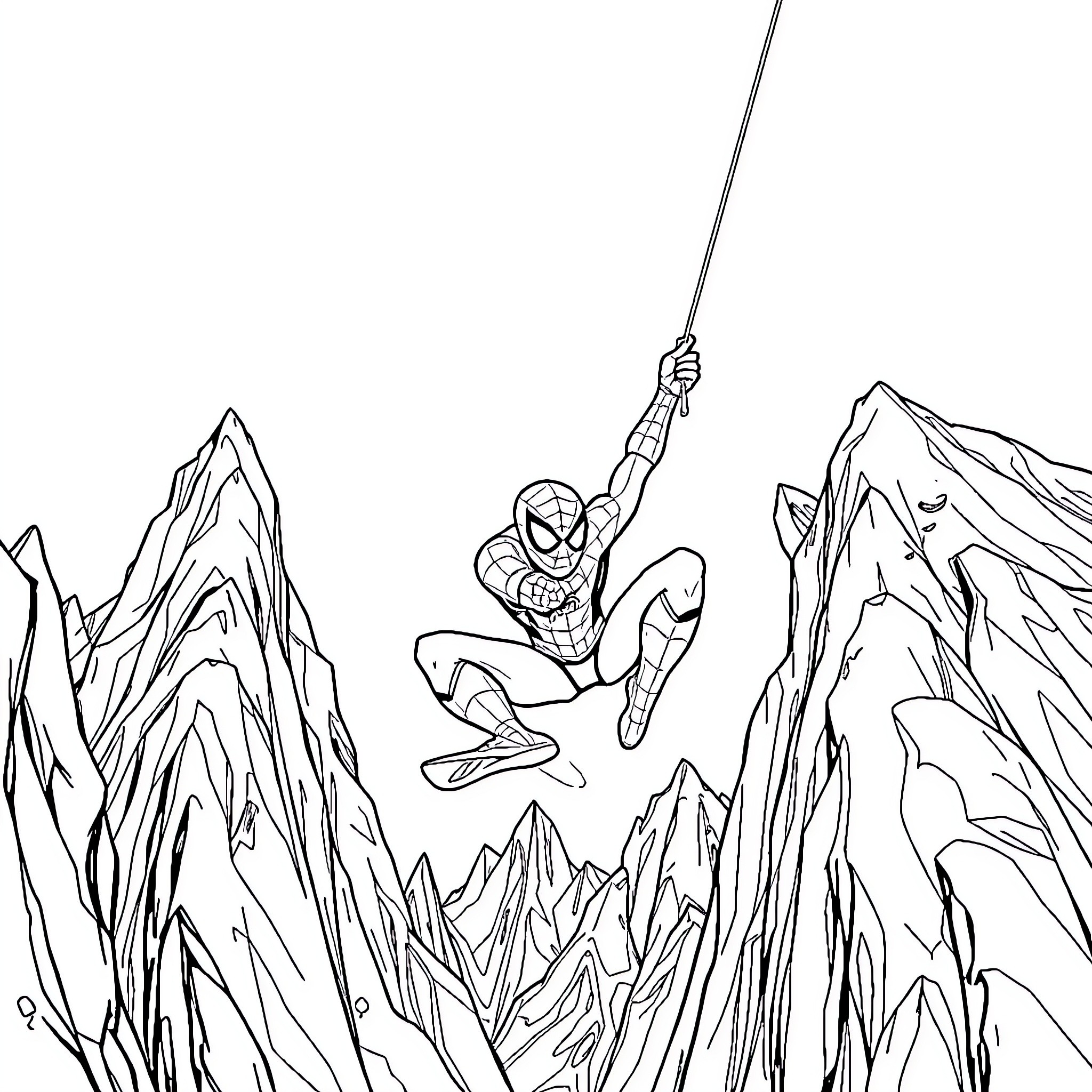 Spider-Man swinging through the mountains Coloring Page (free black-and-white line drawing printable PDF for all, from beginners to advanced learners, including children, teens, adults, and seniors)