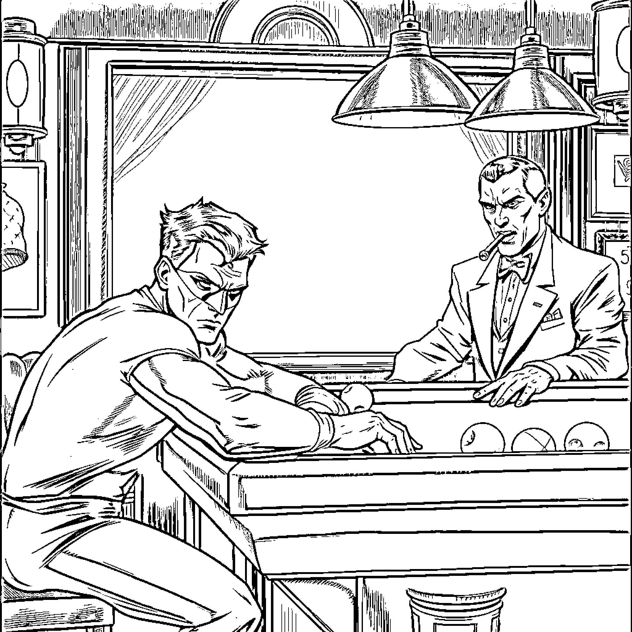 Green Lantern Confronts Shadowy Figures in Mysterious Office Coloring Page (free black-and-white line drawing printable PDF for all, from beginners to advanced learners, including children, teens, adults, and seniors)