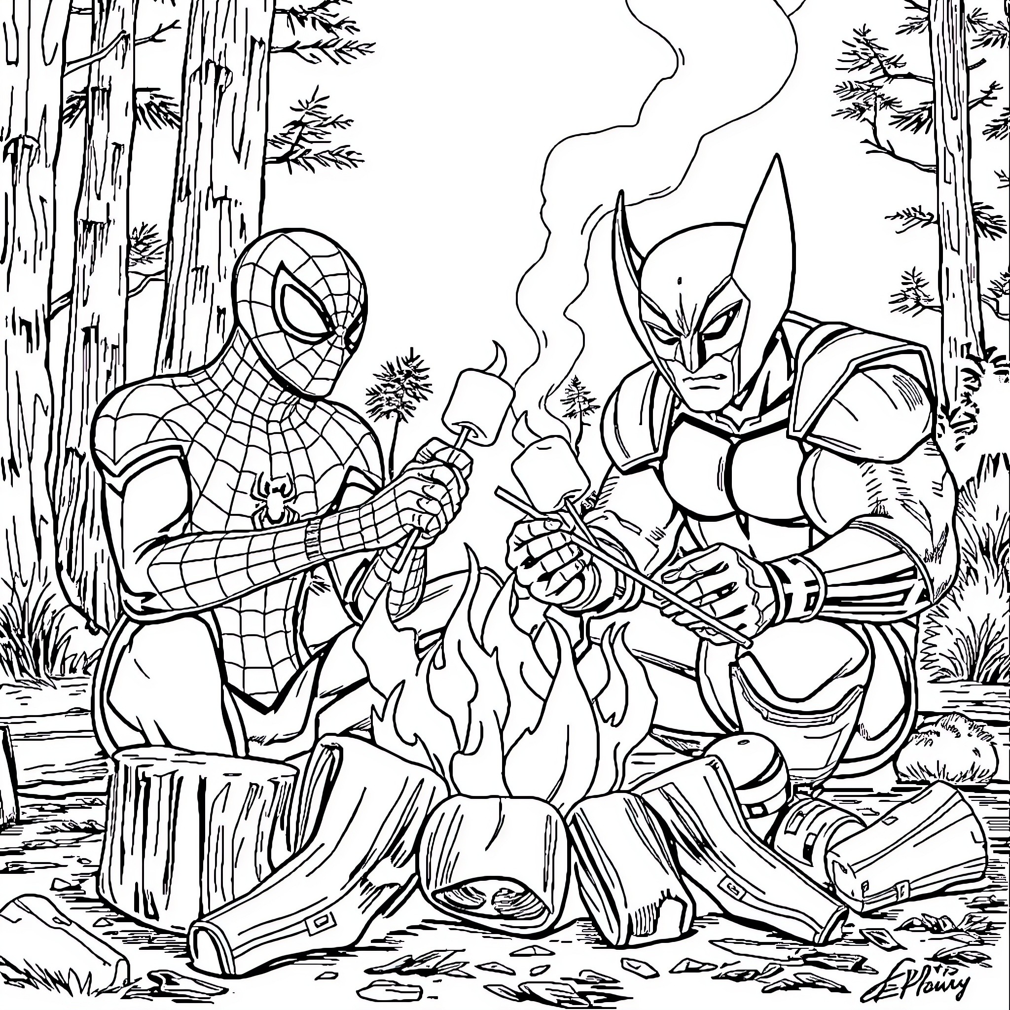 Spiderman and Wolverine battle in the forest Coloring Page (free black-and-white line drawing printable PDF for all, from beginners to advanced learners, including children, teens, adults, and seniors)