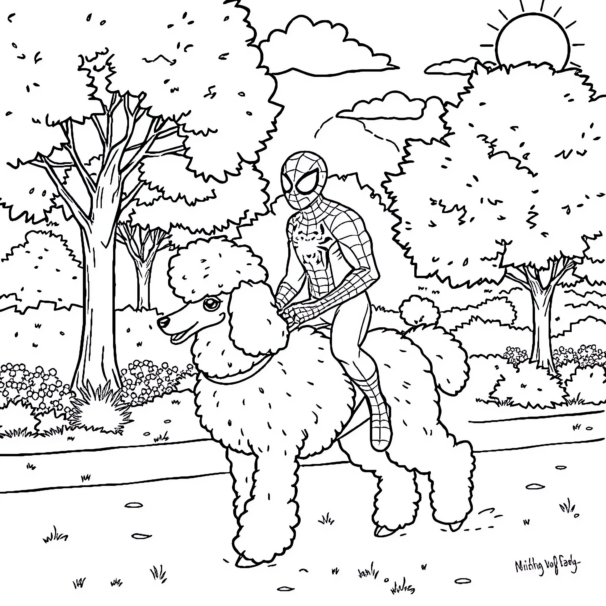 Spiderman exploring nature with a friendly poodle Coloring Page (free black-and-white line drawing printable PDF for all, from beginners to advanced learners, including children, teens, adults, and seniors)