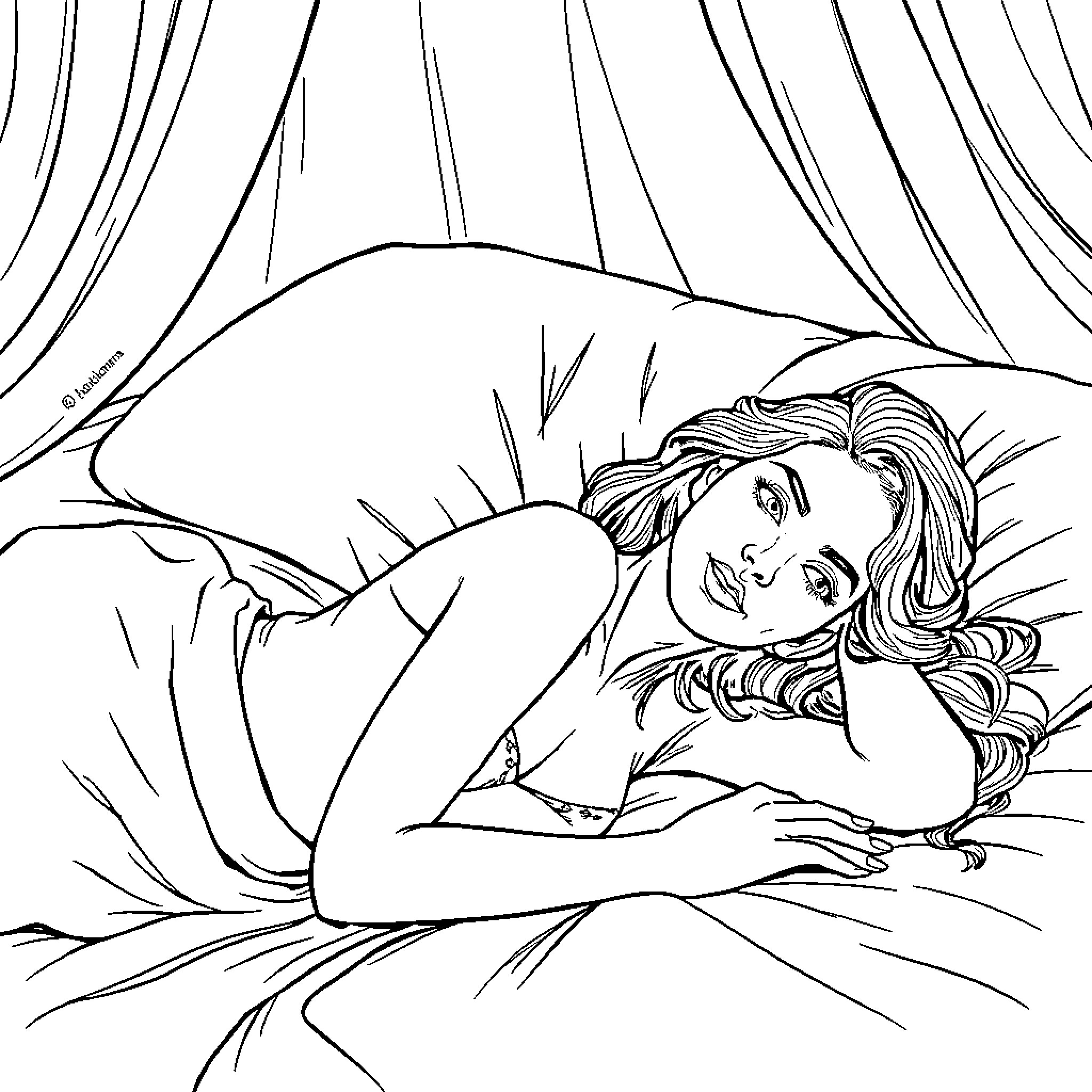 Woman relaxing on a cozy bed Coloring Page (free black-and-white line drawing printable PDF for all, from beginners to advanced learners, including children, teens, adults, and seniors)