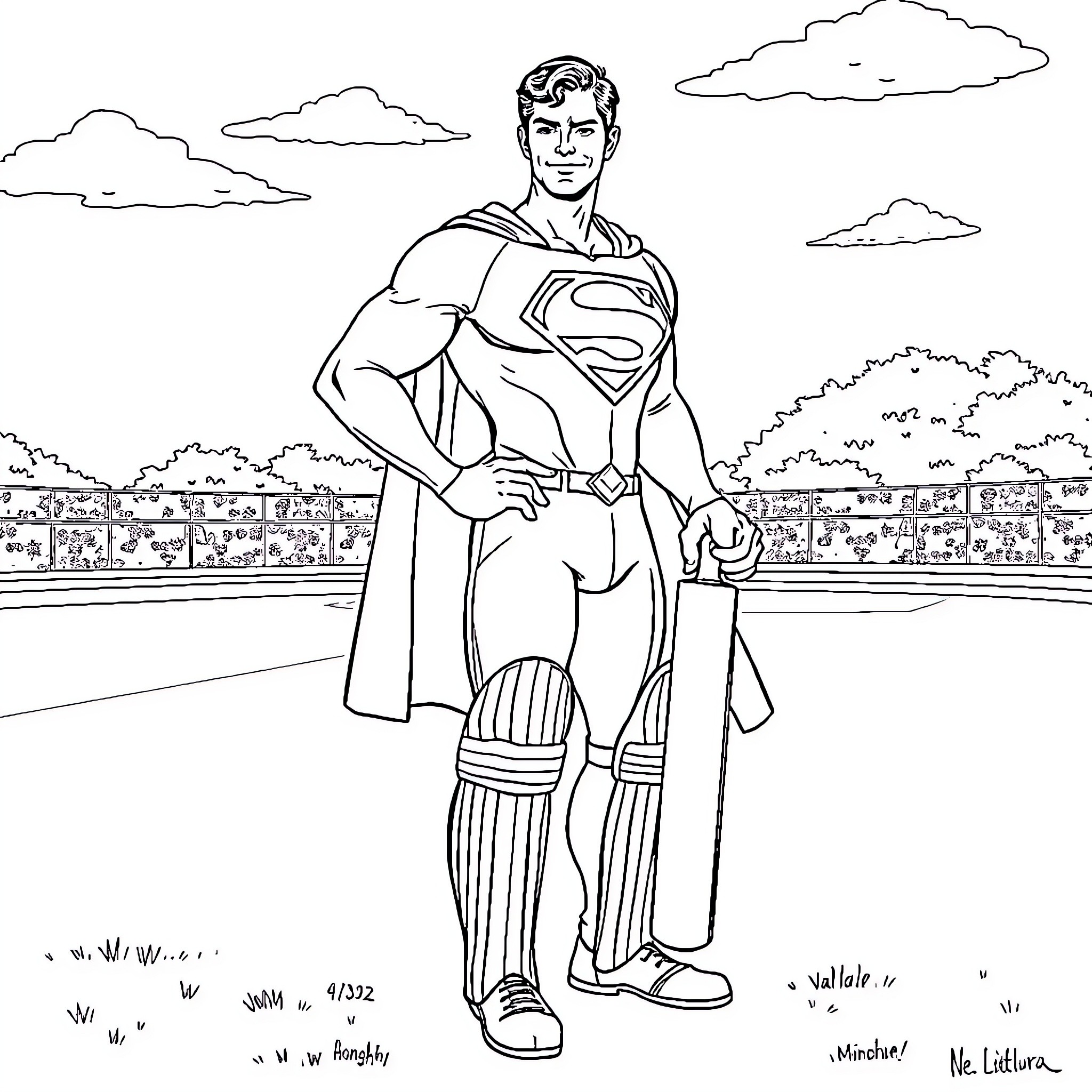 Superman standing heroically in a cityscape Coloring Page (free black-and-white line drawing printable PDF for all, from beginners to advanced learners, including children, teens, adults, and seniors)