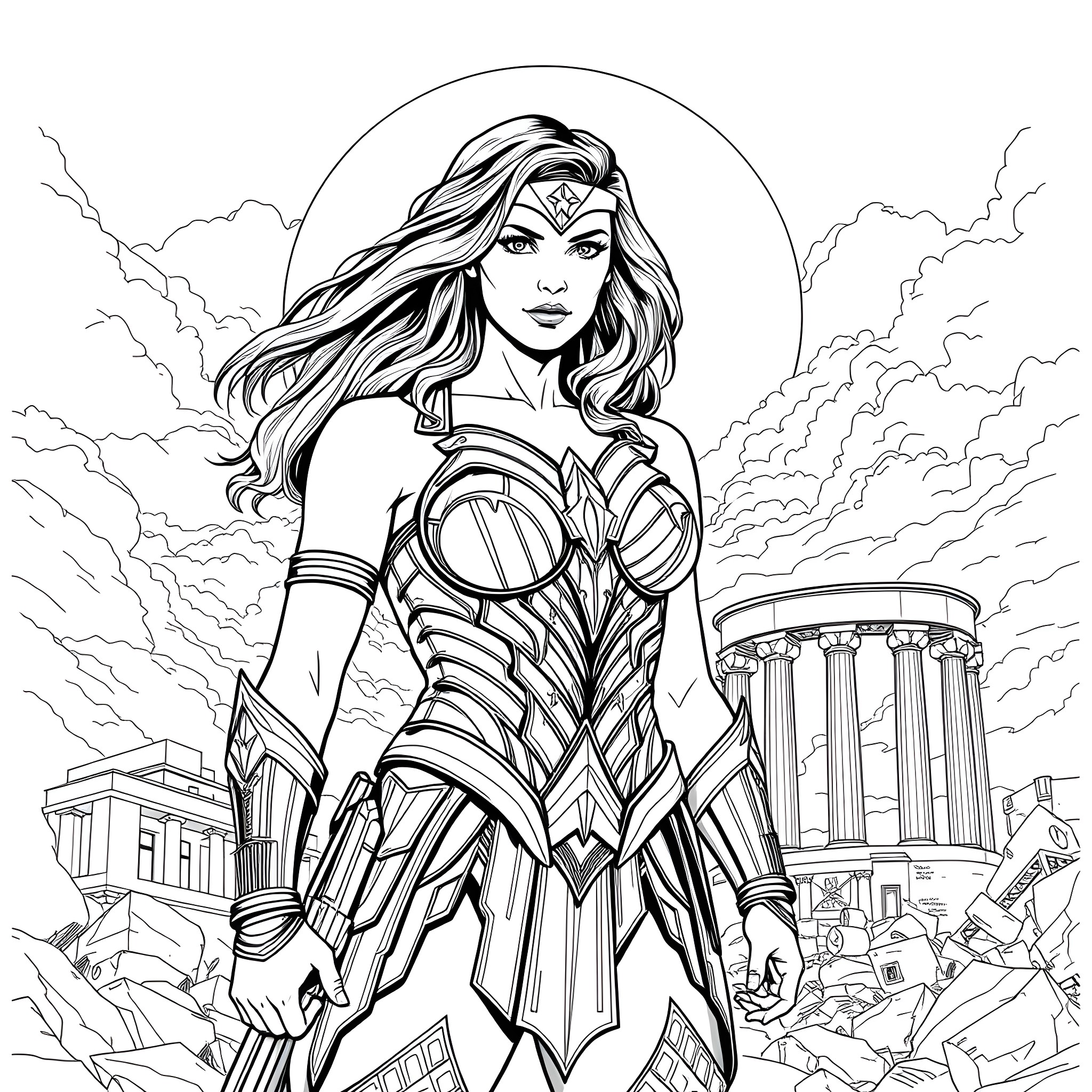 Wonder Woman in a Heroic Pose Coloring Page (free black-and-white line drawing printable PDF for all, from beginners to advanced learners, including children, teens, adults, and seniors)