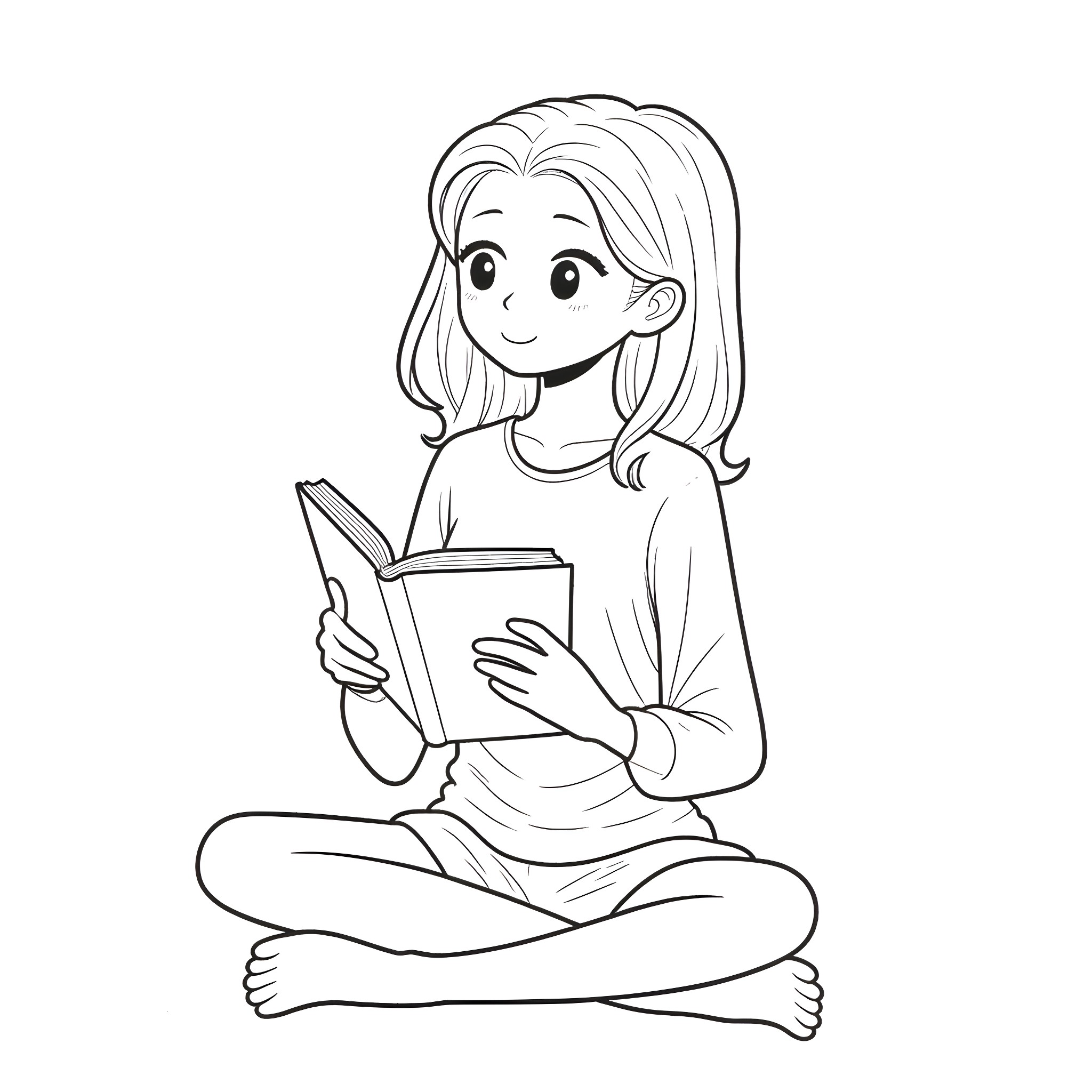 Girl reading a book happily Coloring Page (free black-and-white line drawing printable PDF for all, from beginners to advanced learners, including children, teens, adults, and seniors)