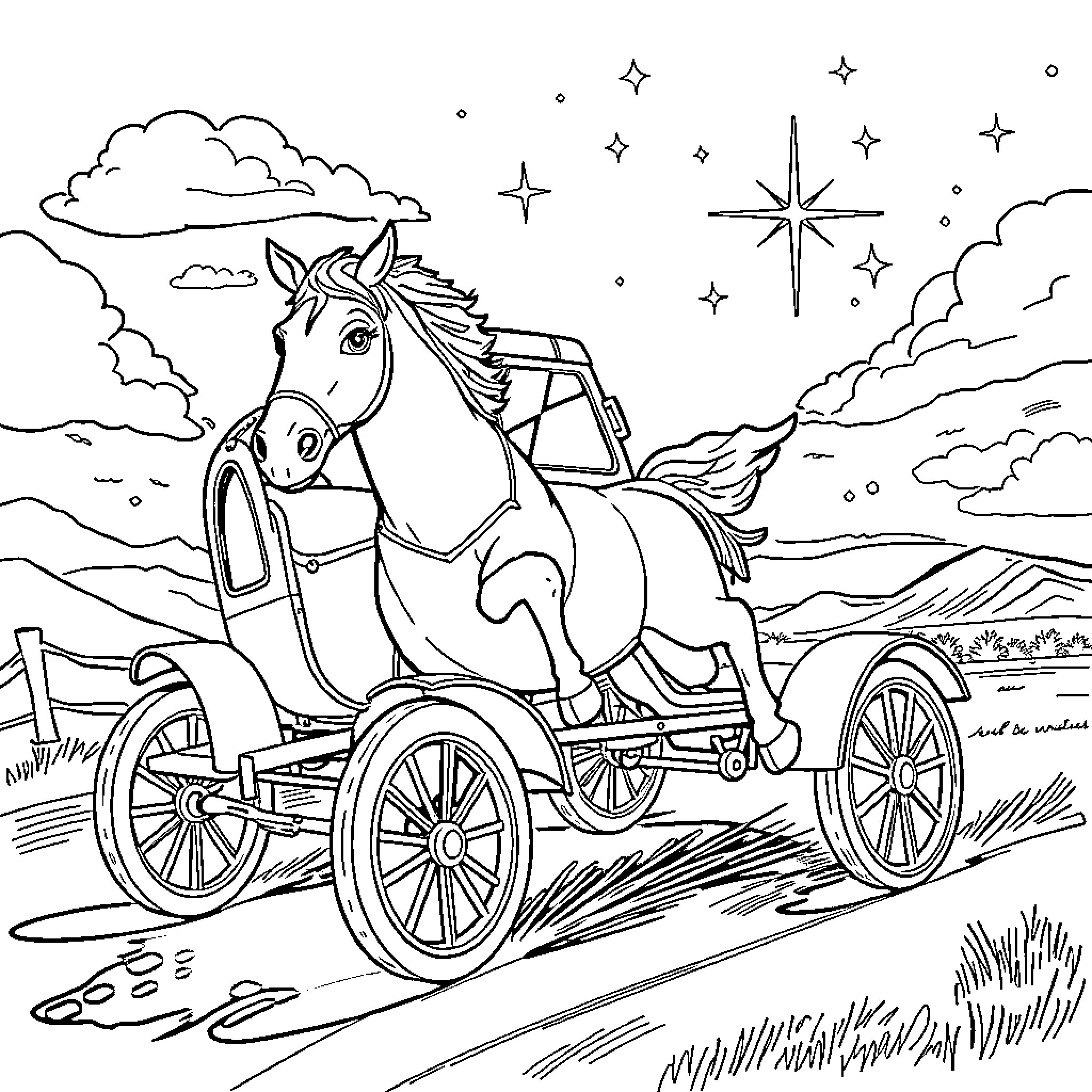 Coche de Carreras en una noche estrellada Coloring Page (free black-and-white line drawing printable PDF for all, from beginners to advanced learners, including children, teens, adults, and seniors)