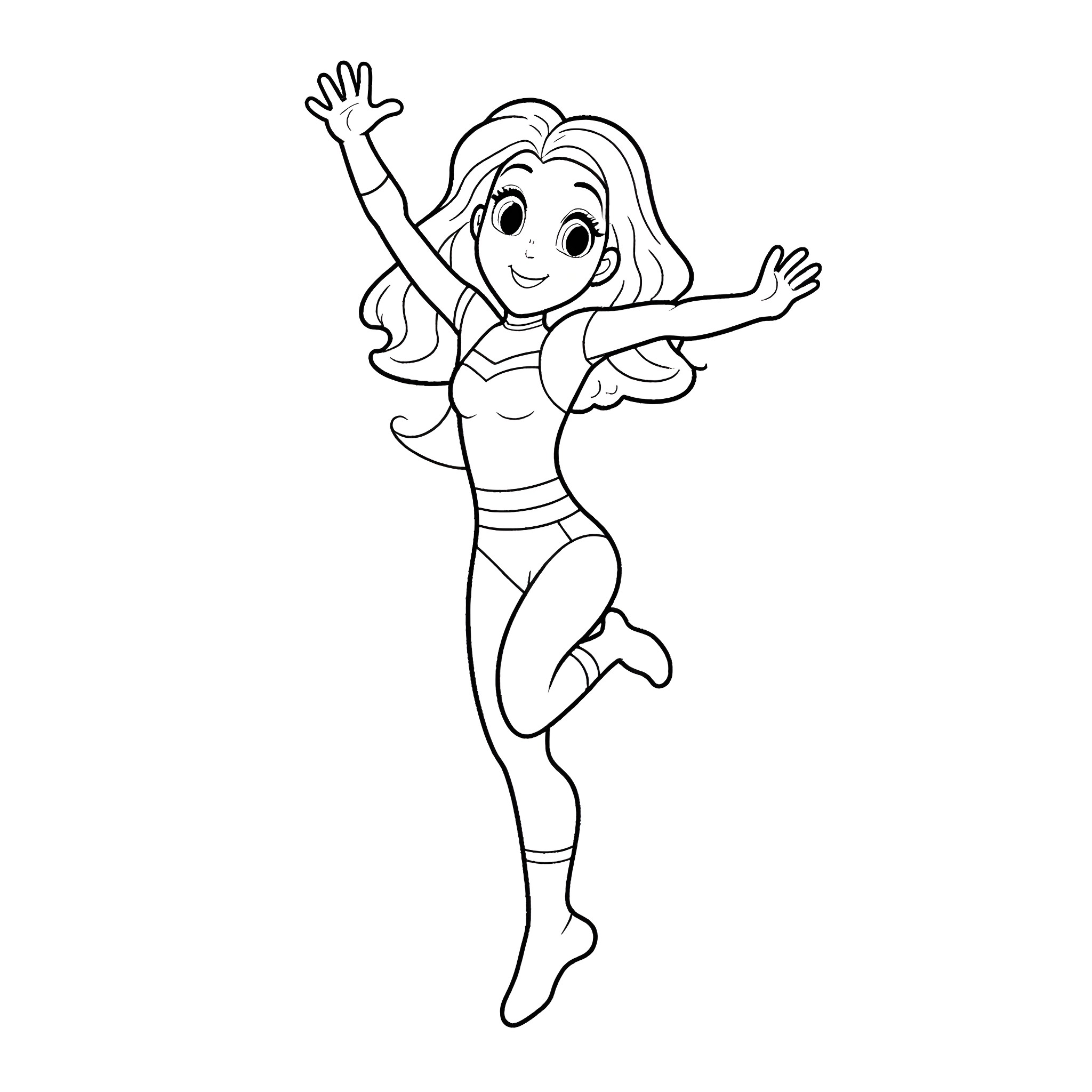Super Girl Jumping with Joy Coloring Page (free black-and-white line drawing printable PDF for all, from beginners to advanced learners, including children, teens, adults, and seniors)