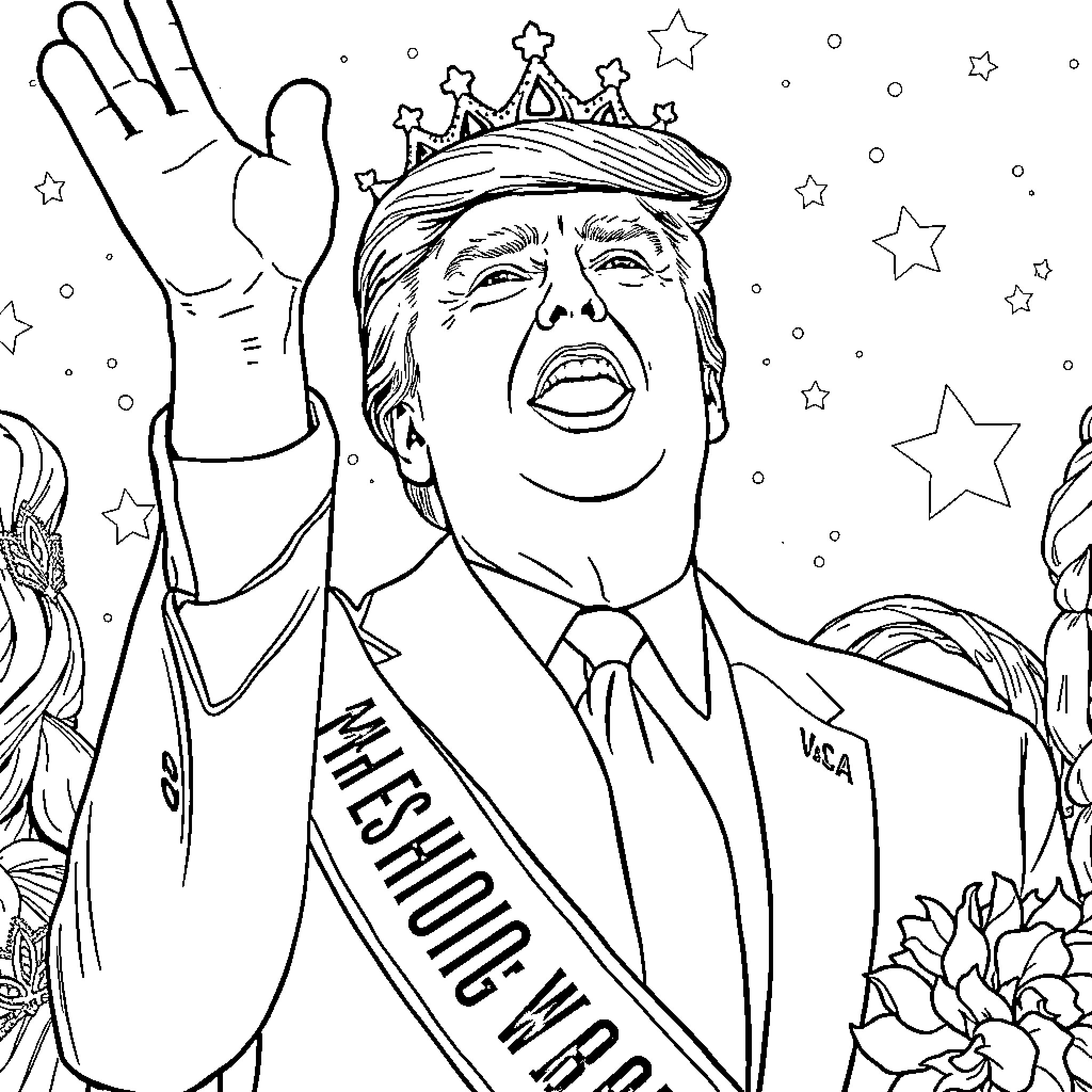 Trump as the 'Mershaming MVP' in a Whimsical Illustration Coloring Page (free black-and-white line drawing printable PDF for all, from beginners to advanced learners, including children, teens, adults, and seniors)