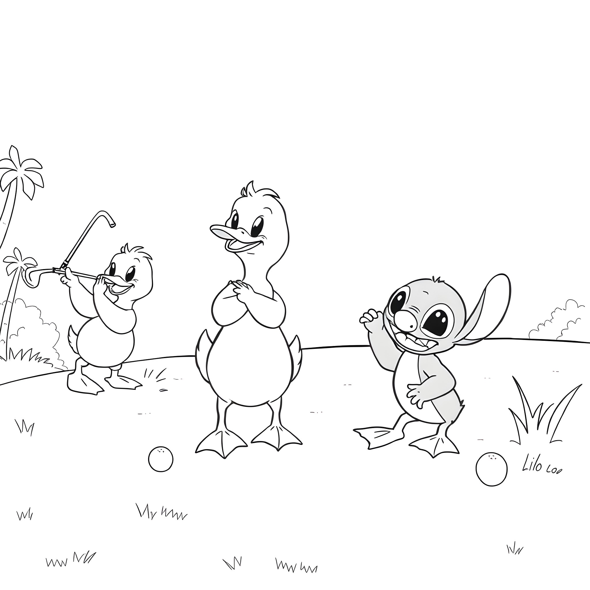 Ducks playing and exploring in the park Coloring Page (free black-and-white line drawing printable PDF for all, from beginners to advanced learners, including children, teens, adults, and seniors)