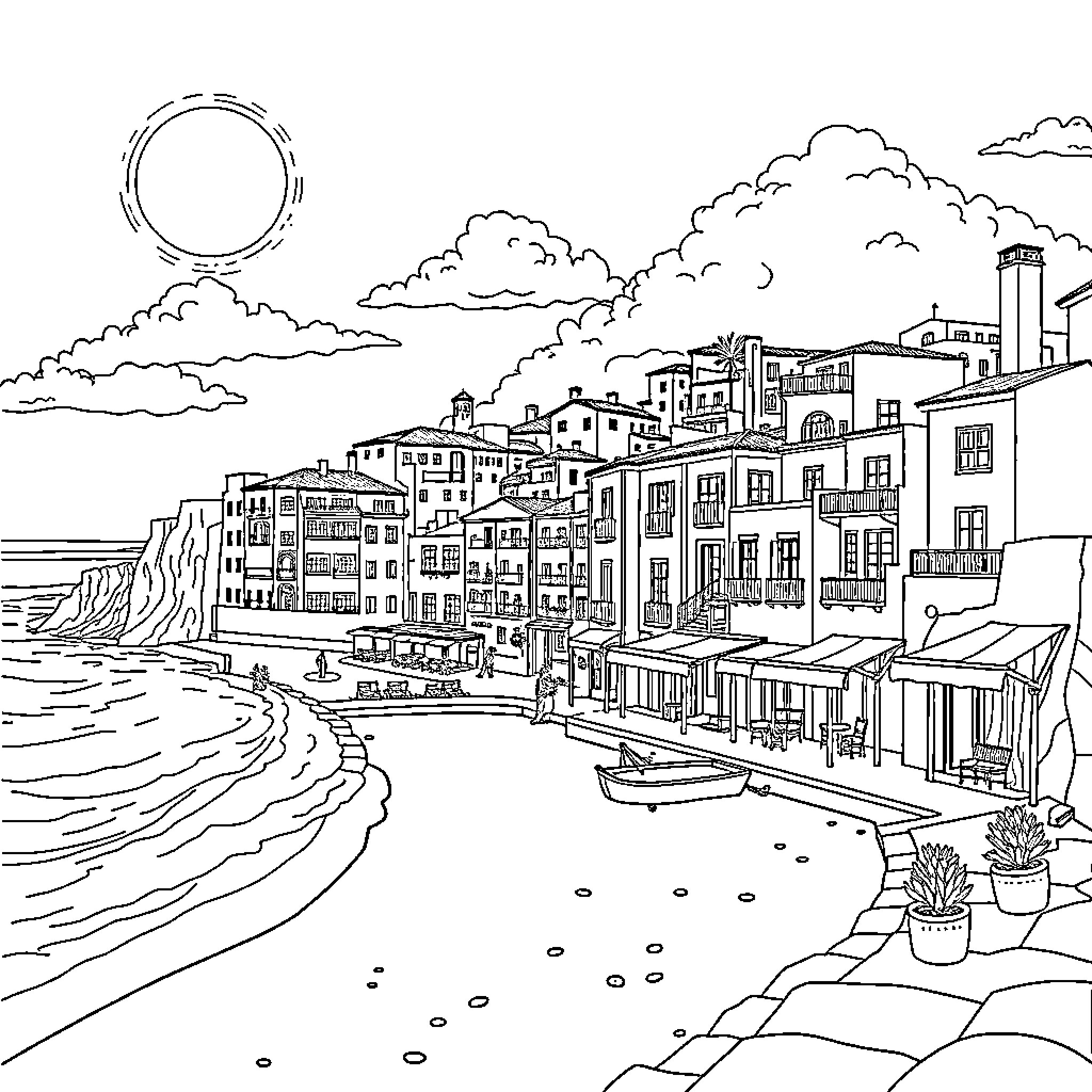 Portugal coastal town with seaside architecture and boats Coloring Page (free black-and-white line drawing printable PDF for all, from beginners to advanced learners, including children, teens, adults, and seniors)