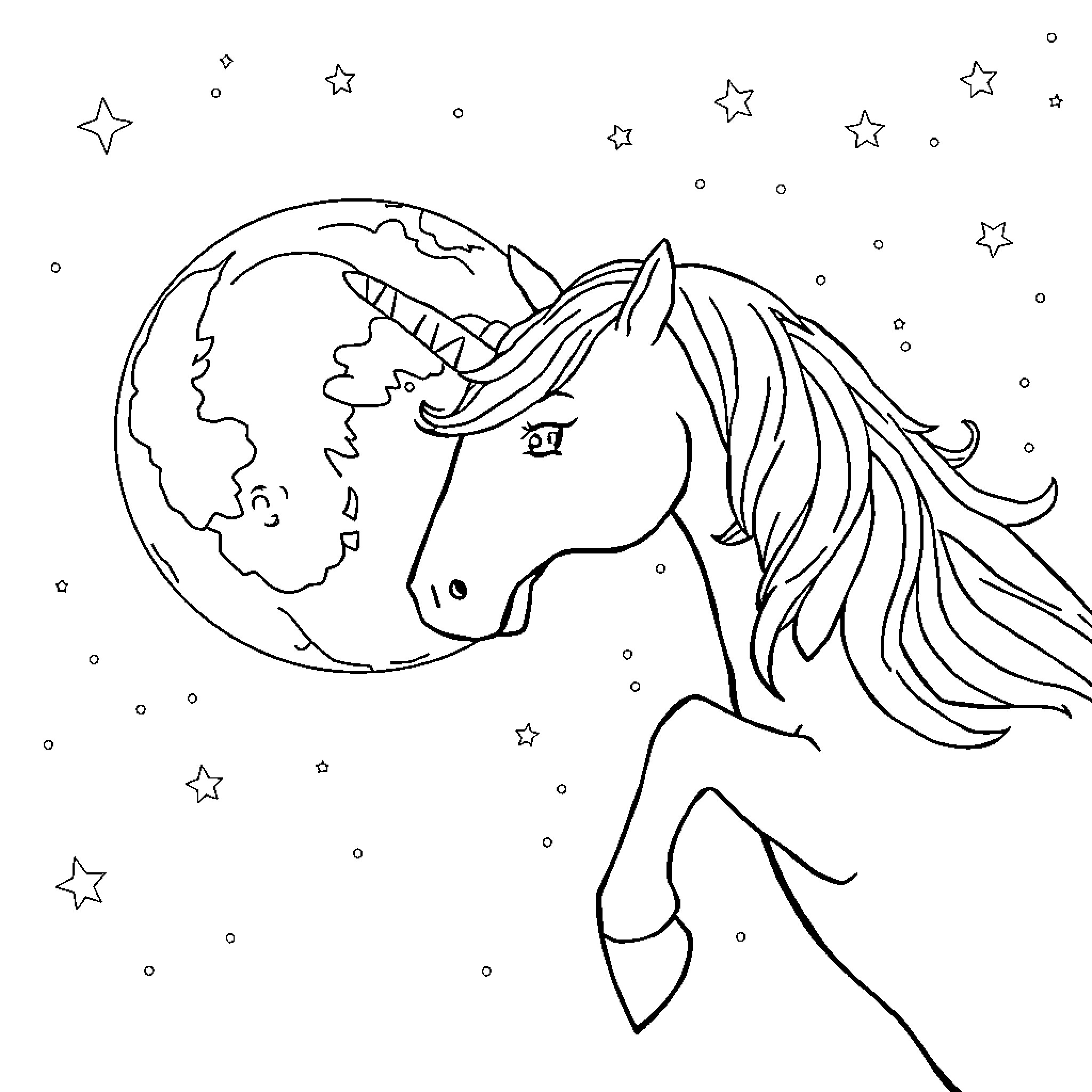 Unicorn exploring the universe Coloring Page (free black-and-white line drawing printable PDF for all, from beginners to advanced learners, including children, teens, adults, and seniors)