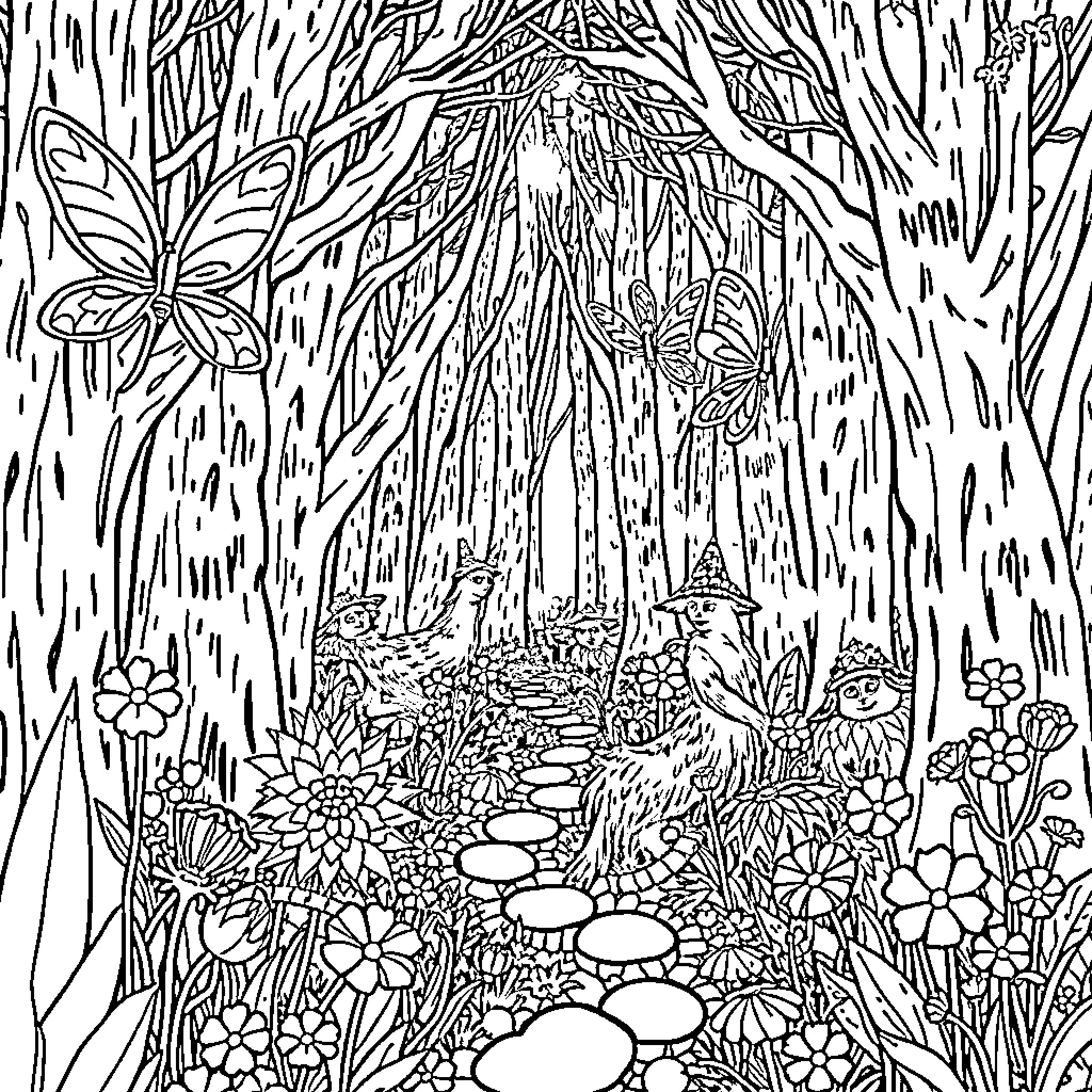 Fairy Fantastical Forest Adventure Coloring Page (free black-and-white line drawing printable PDF for all, from beginners to advanced learners, including children, teens, adults, and seniors)
