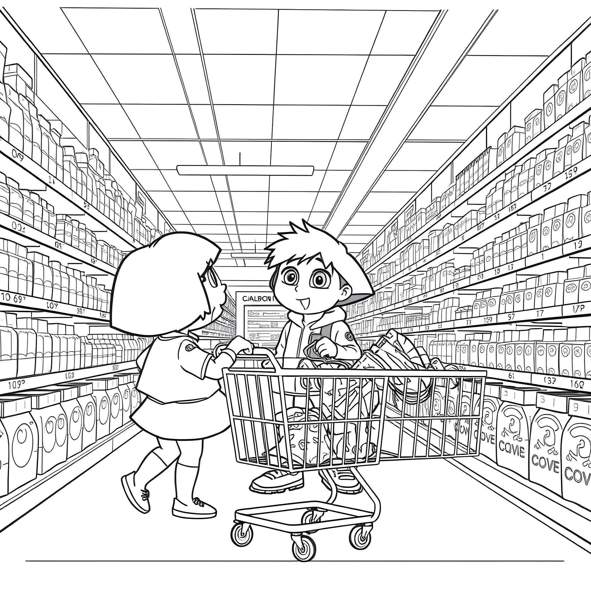 Dora and Diego's Grocery Shopping Adventure Coloring Page (free black-and-white line drawing printable PDF for all, from beginners to advanced learners, including children, teens, adults, and seniors)