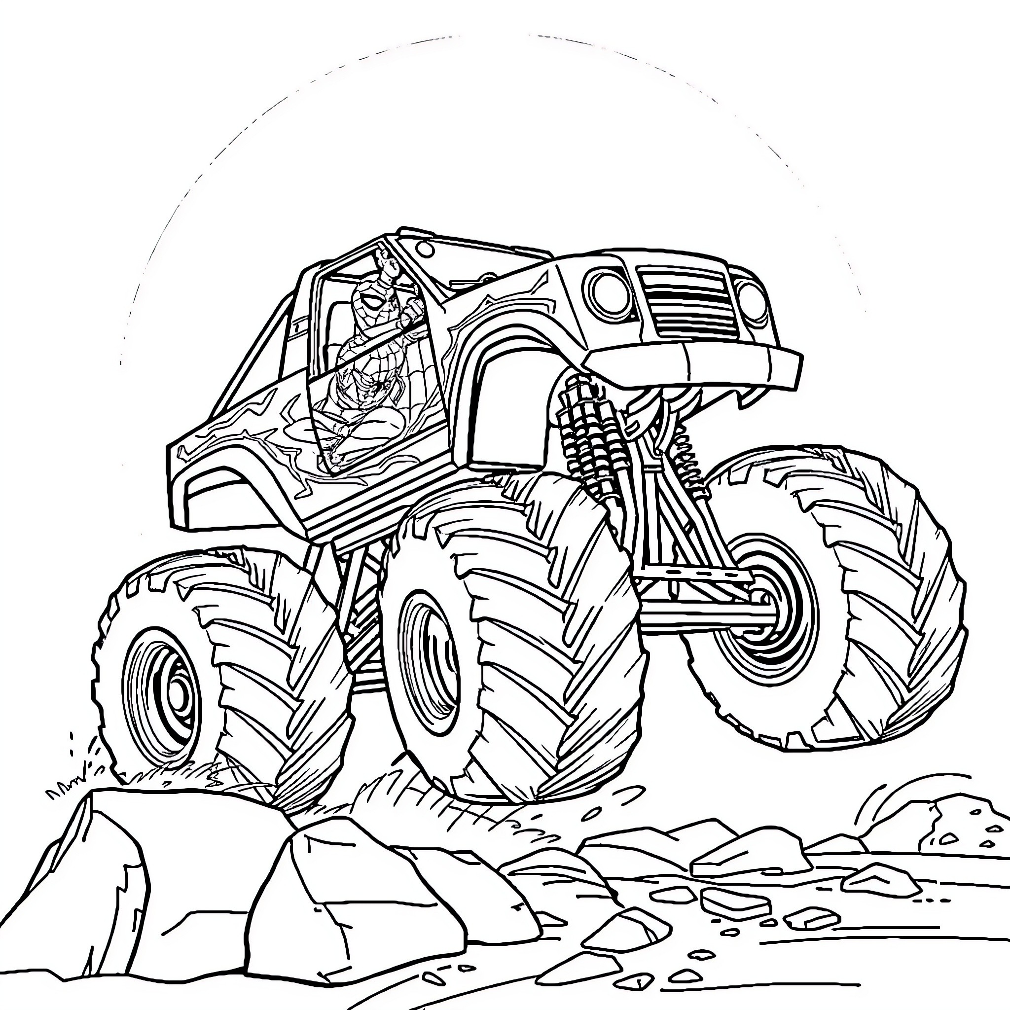 Spider-Man Driving Powerful Monster Truck Adventure Coloring Page (free black-and-white line drawing printable PDF for all, from beginners to advanced learners, including children, teens, adults, and seniors)
