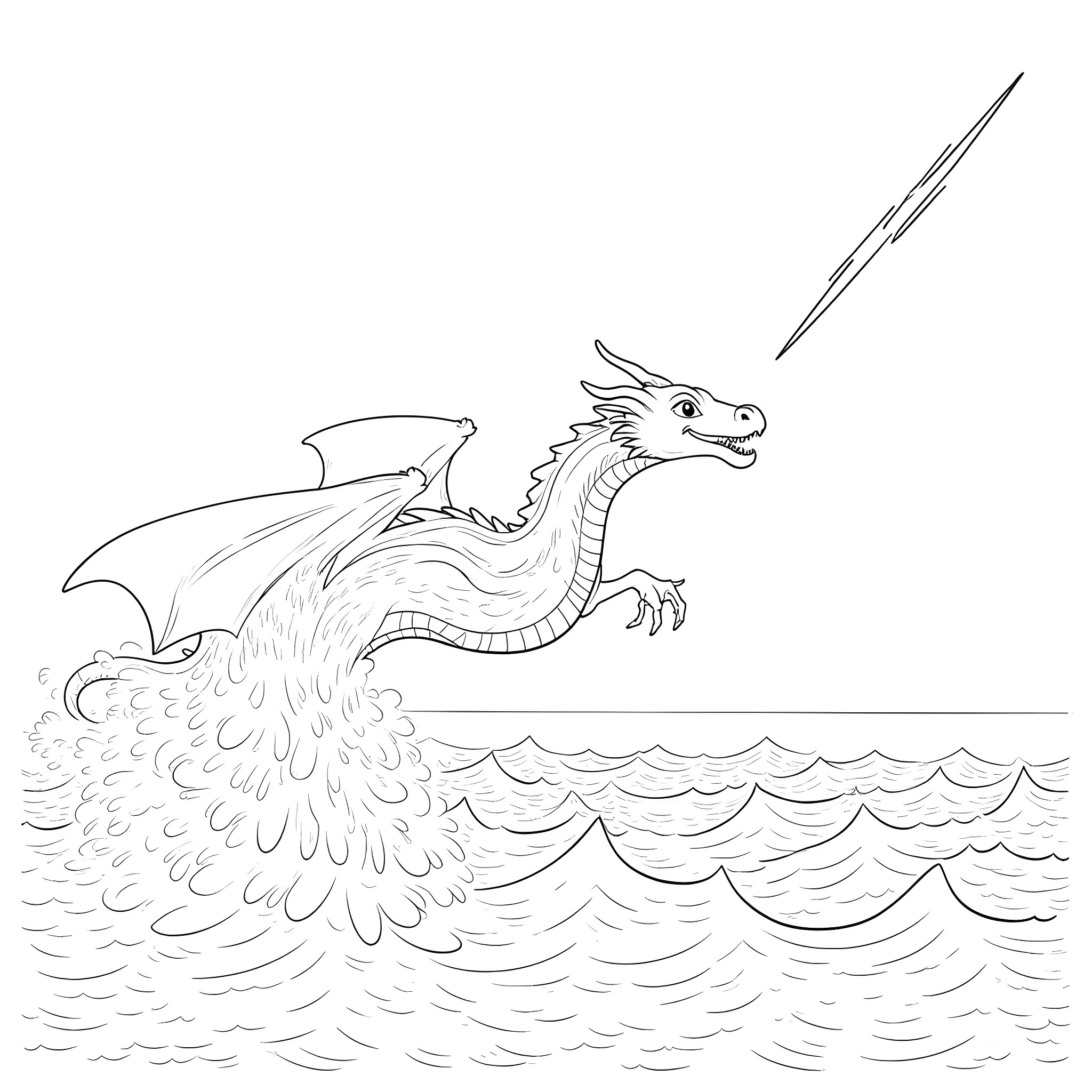 Dragon flying majestically over the waves Coloring Page (free black-and-white line drawing printable PDF for all, from beginners to advanced learners, including children, teens, adults, and seniors)