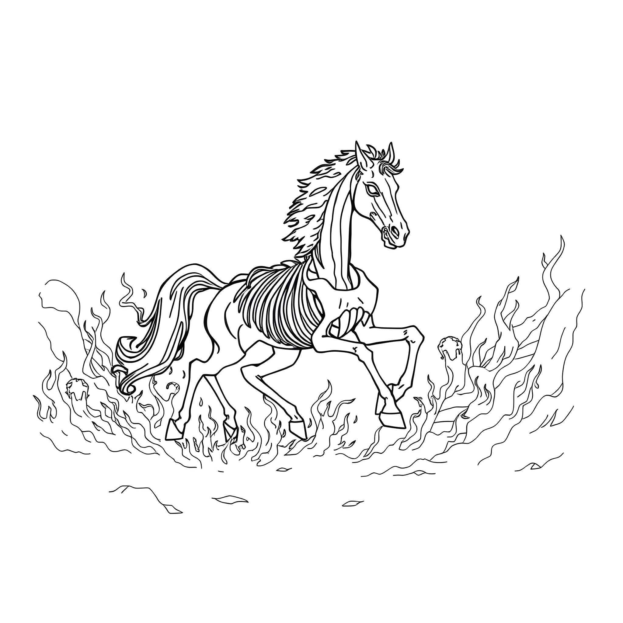 Horse running through fiery landscape Coloring Page (free black-and-white line drawing printable PDF for all, from beginners to advanced learners, including children, teens, adults, and seniors)