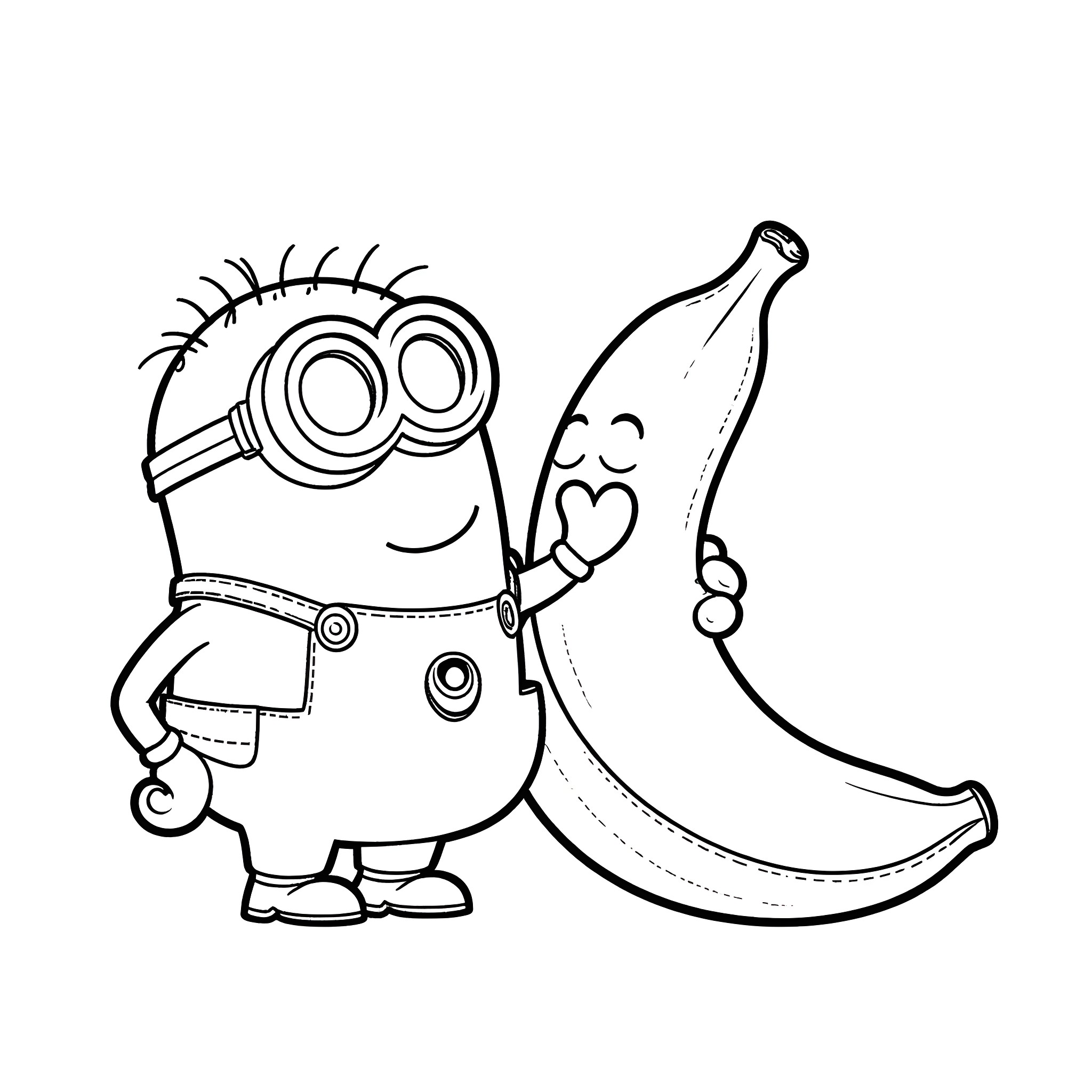 Minion enjoying a banana Coloring Page (free black-and-white line drawing printable PDF for all, from beginners to advanced learners, including children, teens, adults, and seniors)