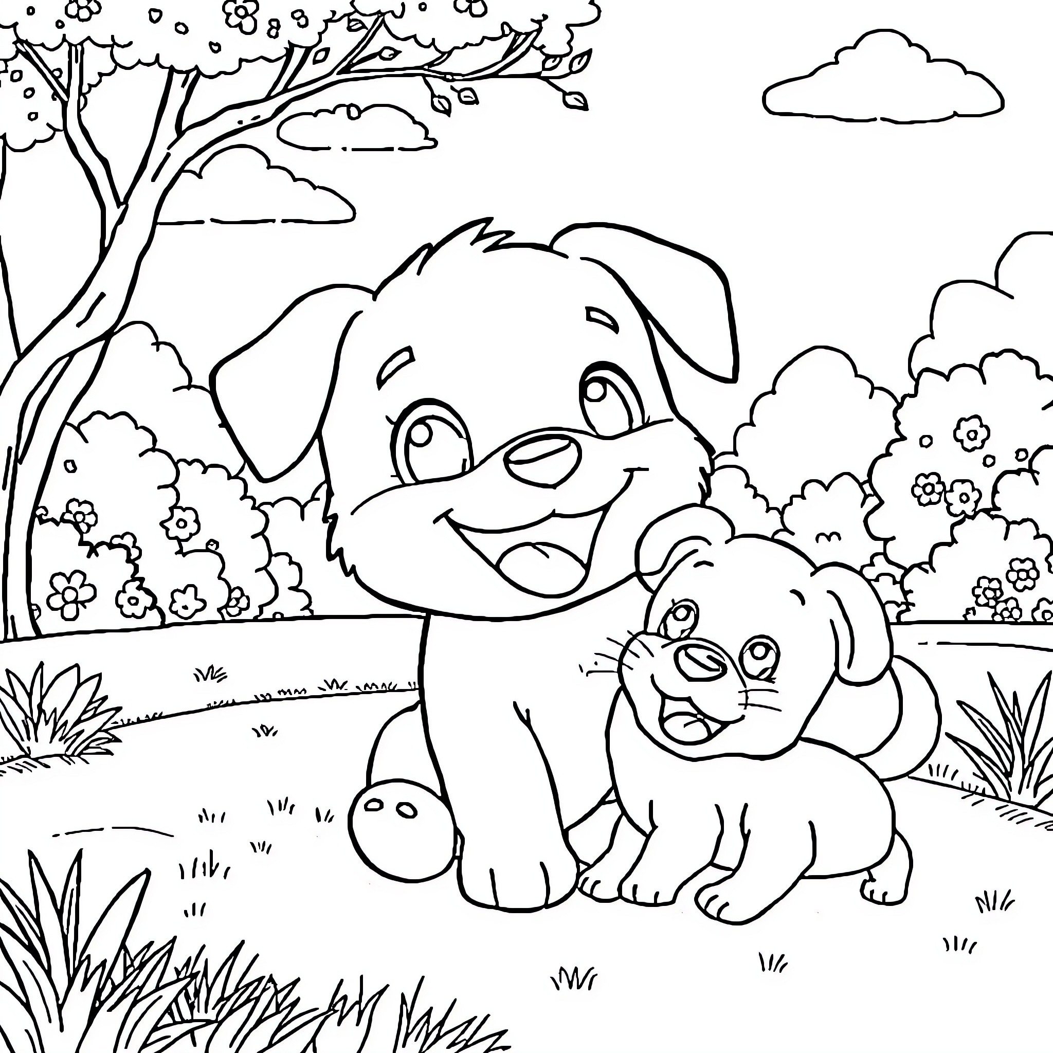 Labubu and the Playful Puppy Pair Coloring Page (free black-and-white line drawing printable PDF for all, from beginners to advanced learners, including children, teens, adults, and seniors)