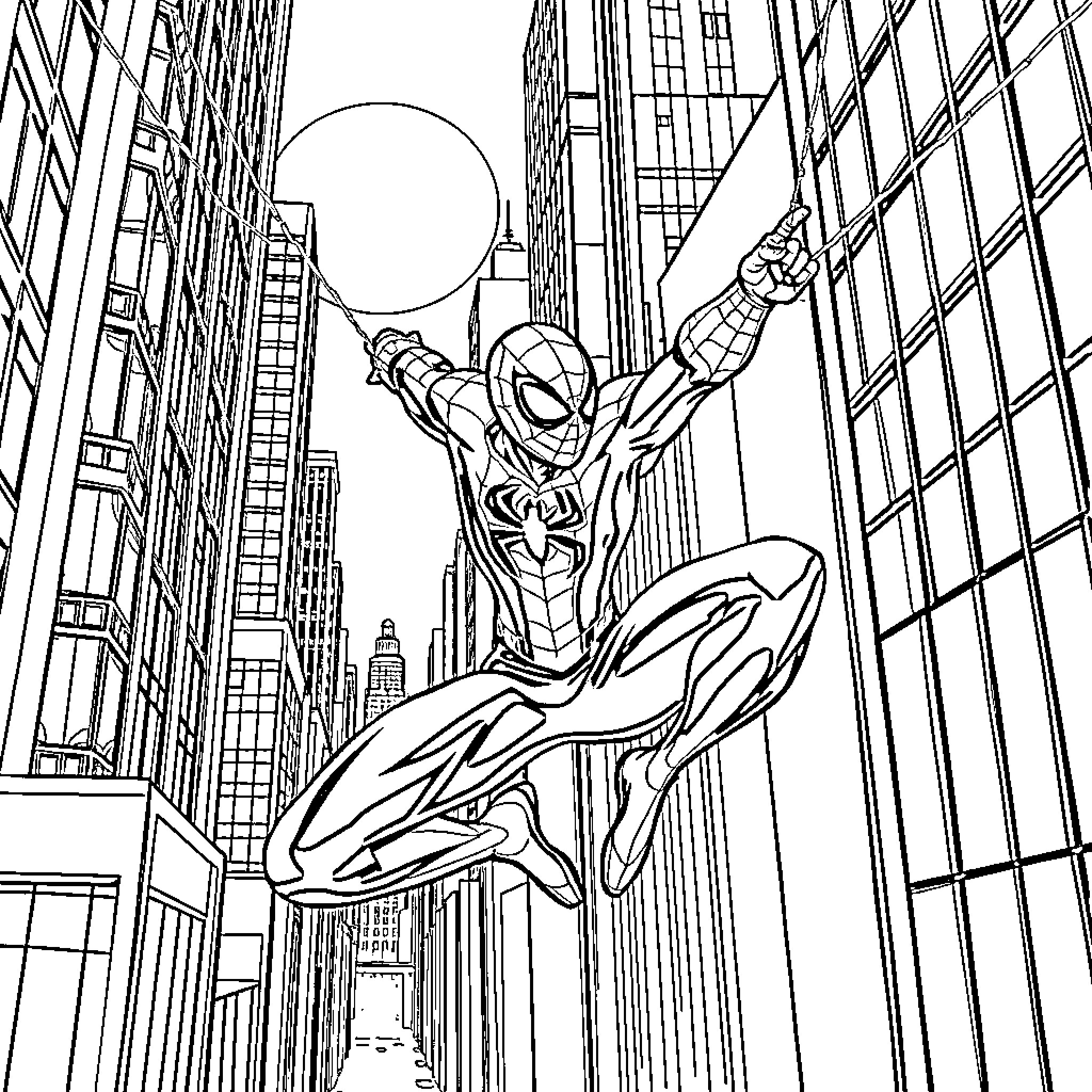 Spider-Man swinging through city buildings Coloring Page (free black-and-white line drawing printable PDF for all, from beginners to advanced learners, including children, teens, adults, and seniors)