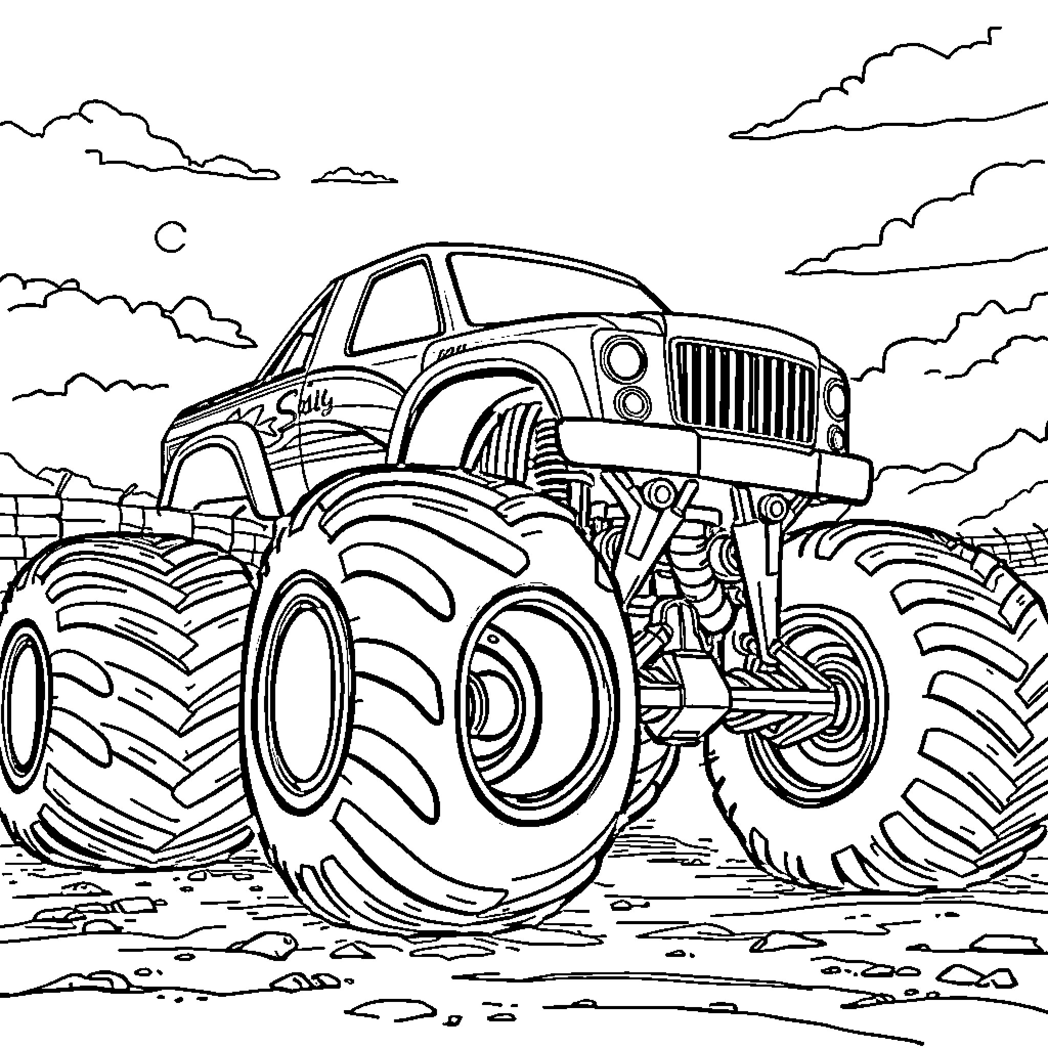 Monster Truck Crushing Through Rugged Terrain Coloring Page (free black-and-white line drawing printable PDF for all, from beginners to advanced learners, including children, teens, adults, and seniors)
