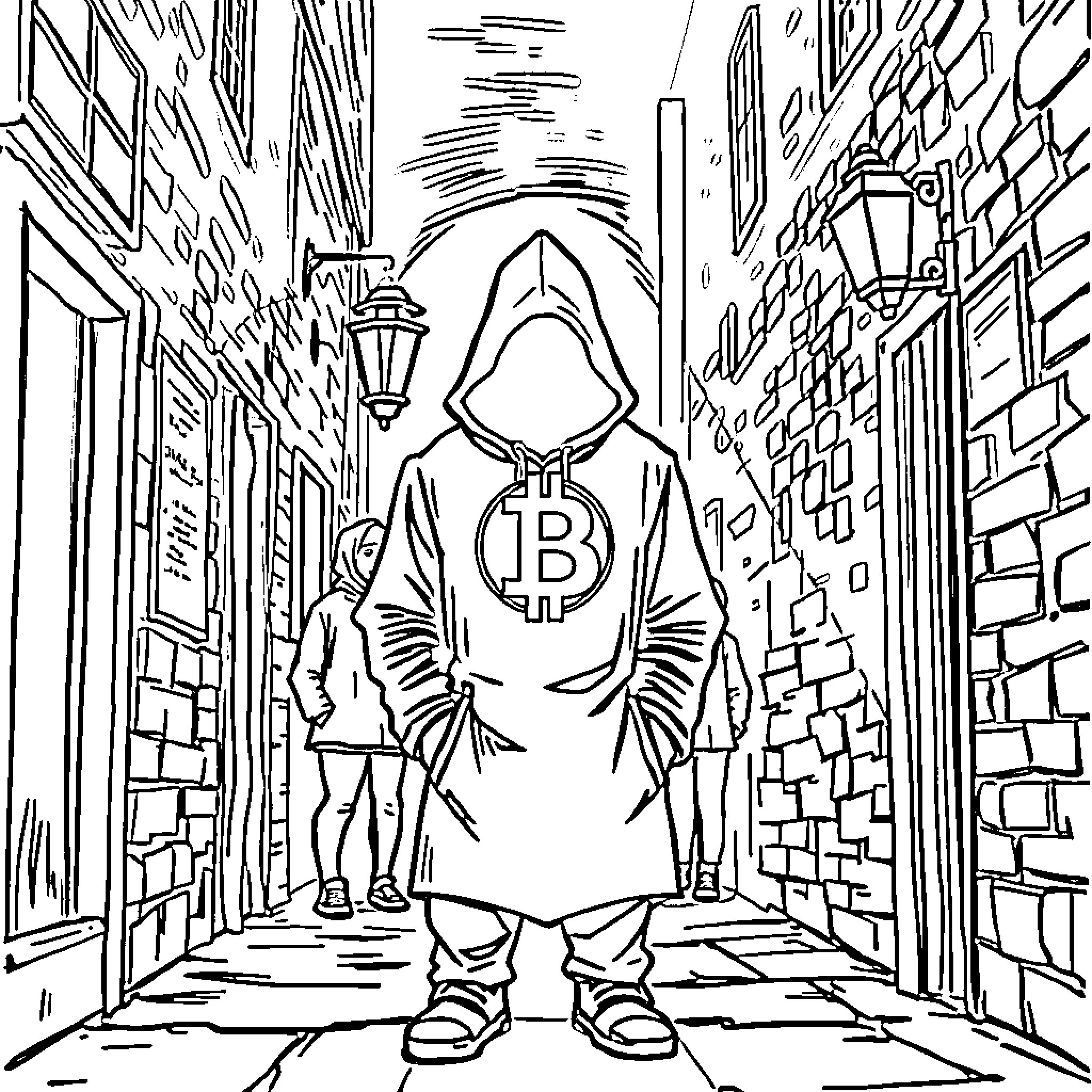 Hooded Figure in a Mysterious Alley Coloring Page (free black-and-white line drawing printable PDF for all, from beginners to advanced learners, including children, teens, adults, and seniors)