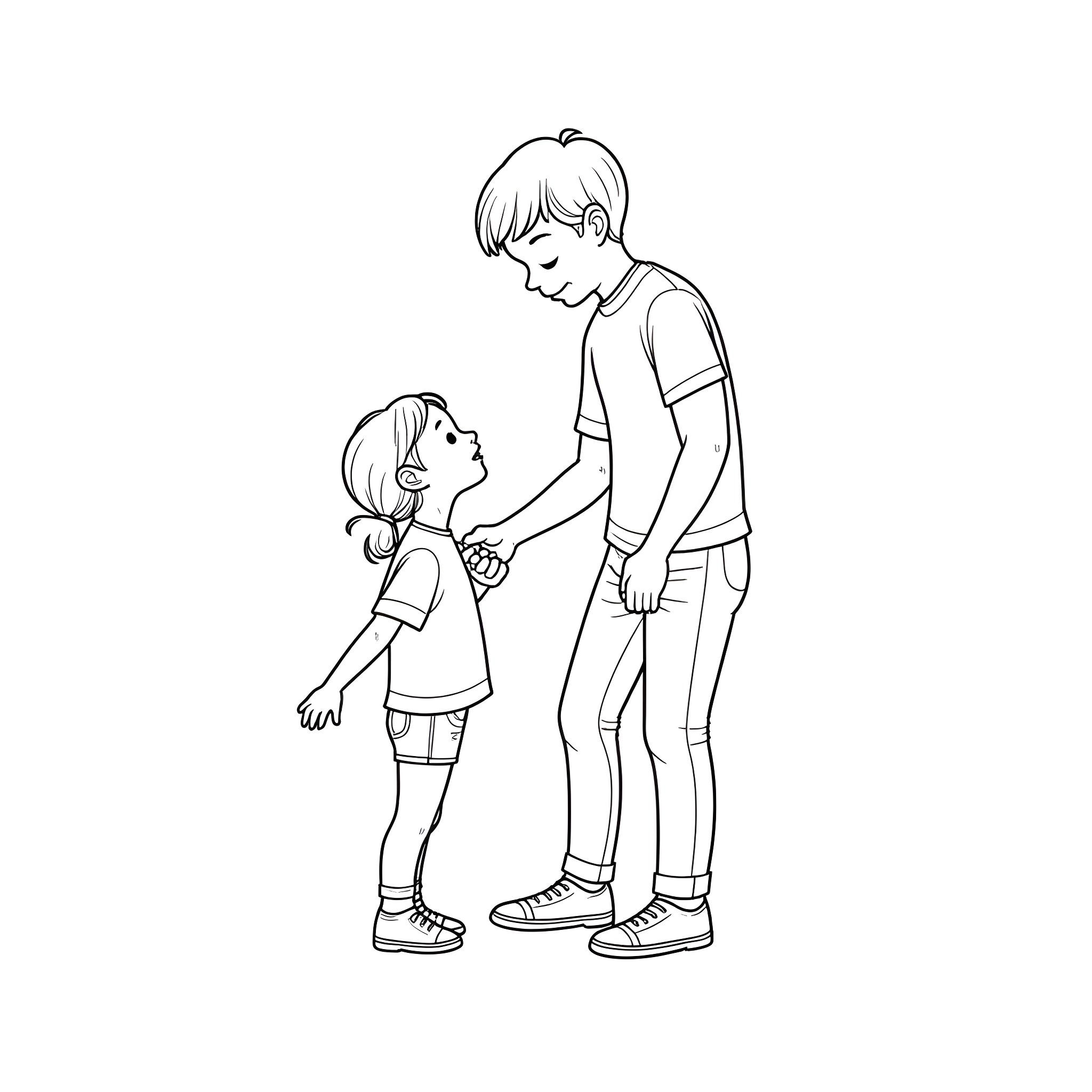 Man helping young girl in the park Coloring Page (free black-and-white line drawing printable PDF for all, from beginners to advanced learners, including children, teens, adults, and seniors)