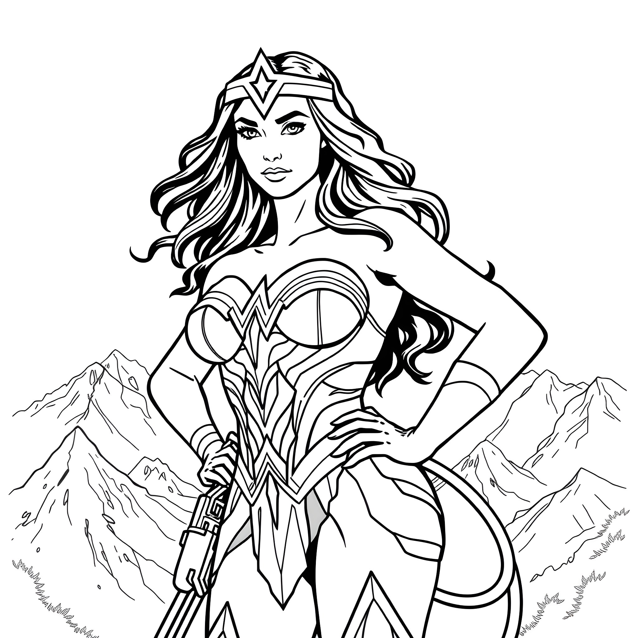 Wonder Woman in heroic action pose Coloring Page (free black-and-white line drawing printable PDF for all, from beginners to advanced learners, including children, teens, adults, and seniors)