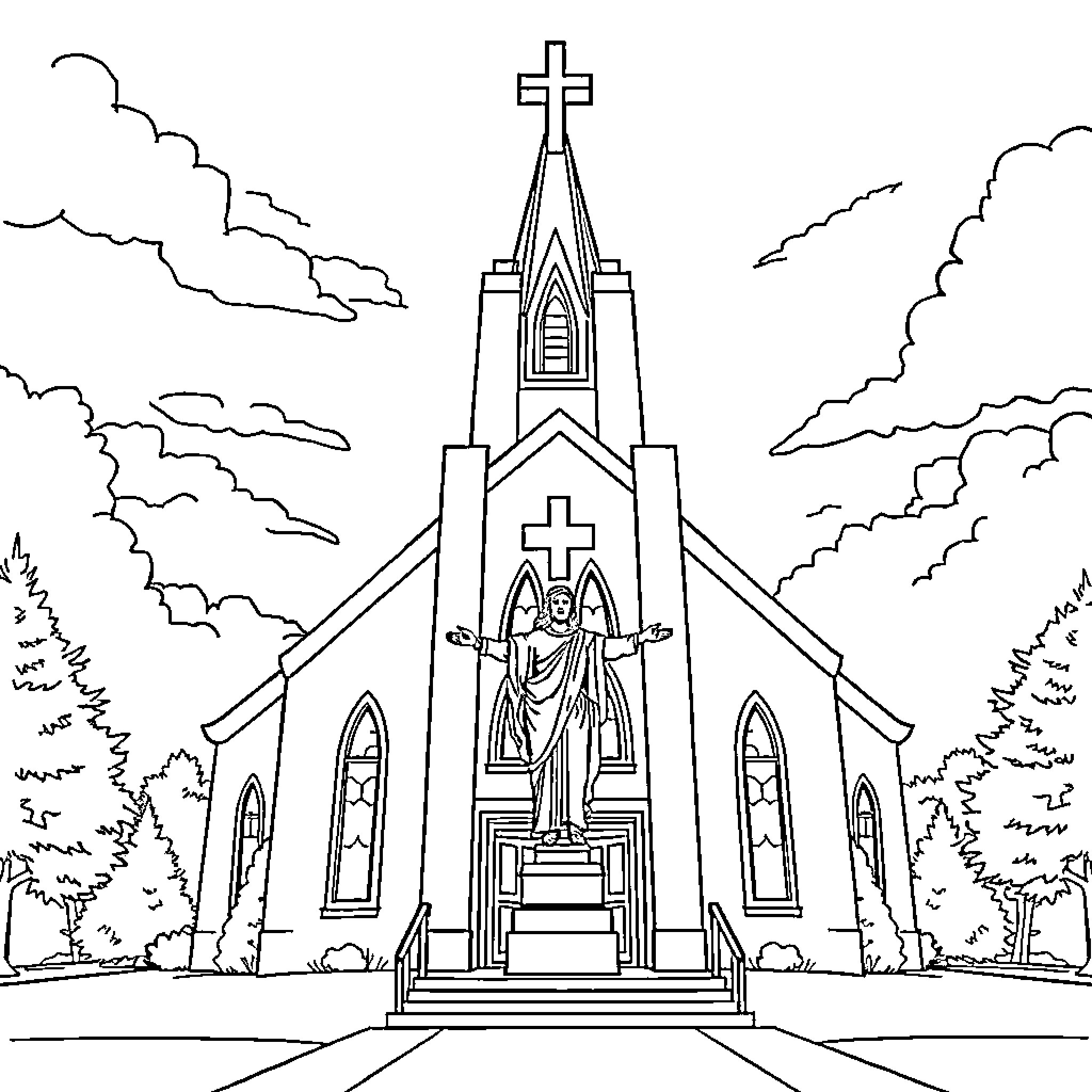 Cross on majestic church with detailed architecture Coloring Page (free black-and-white line drawing printable PDF for all, from beginners to advanced learners, including children, teens, adults, and seniors)