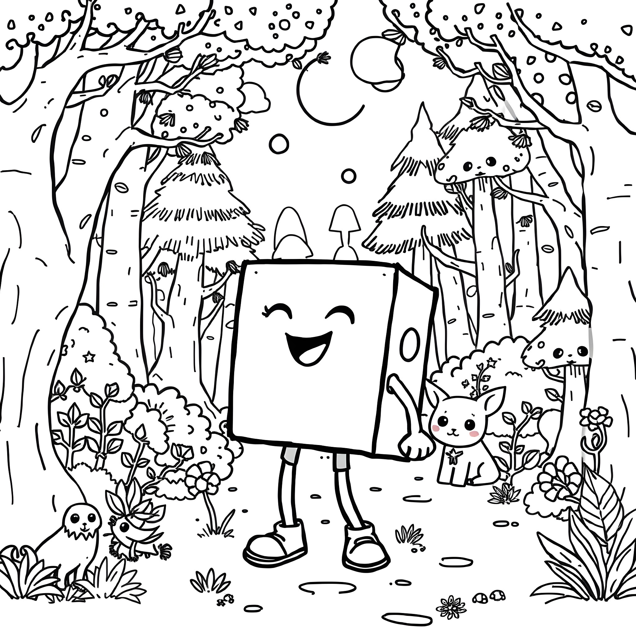 Boxy T enjoys the snowy forest scene Coloring Page (free black-and-white line drawing printable PDF for all, from beginners to advanced learners, including children, teens, adults, and seniors)